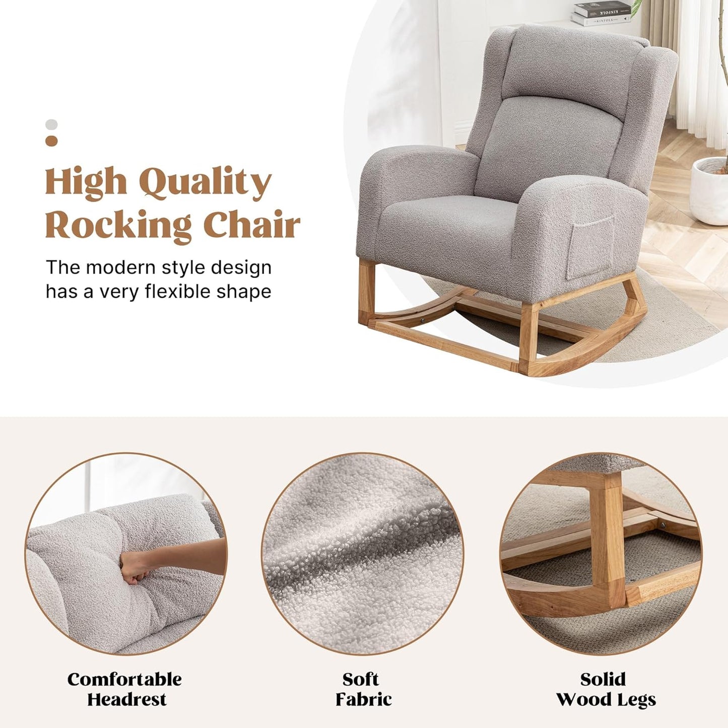 Rocking Chair Nursery, Nursing Rocking Chairs for Mom Nursery, Comfy Wingback Glider Rocking Armchair with Foot Rest and Side Pocket for Nursery Living Room Bedroom, Teddy Grey