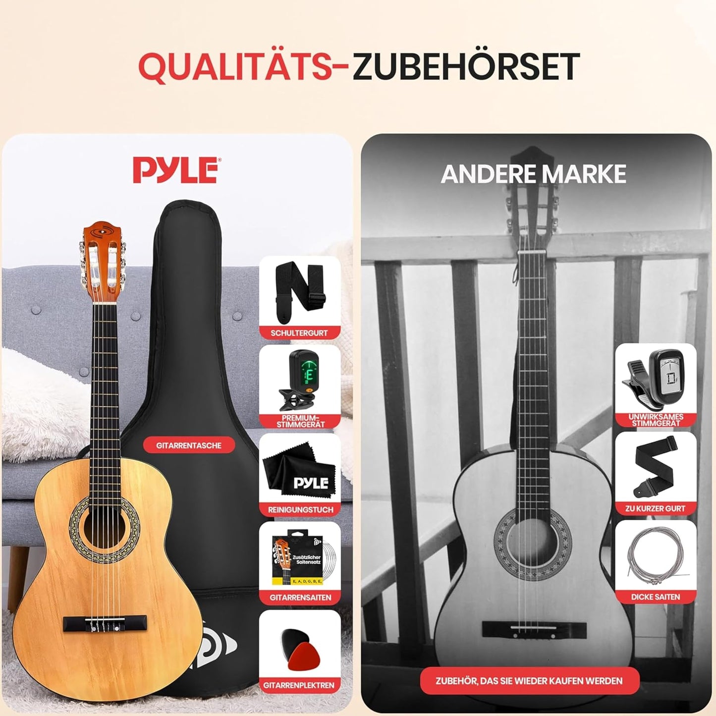 Pyle Beginner 6 String Acoustic Guitar Kit, 1/4 Junior Size Classical Instrument for Students, 30", Right, 1 Natural, Gloss, (PGACLS30)