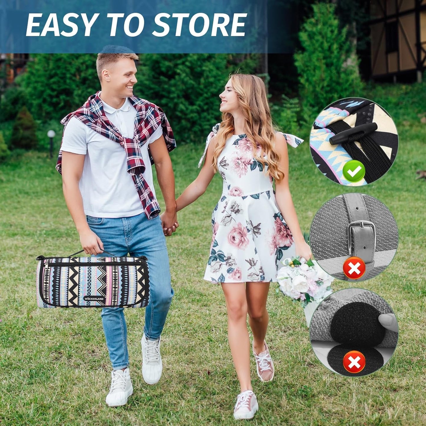 Picnic Blankets Extra Large Outdoor - Beach Blanket Waterproof Sandproof with Shoulder Strap, Machine Washable, Picnic Mat with Stakes for Grass Concert, Park.BohoGeometry