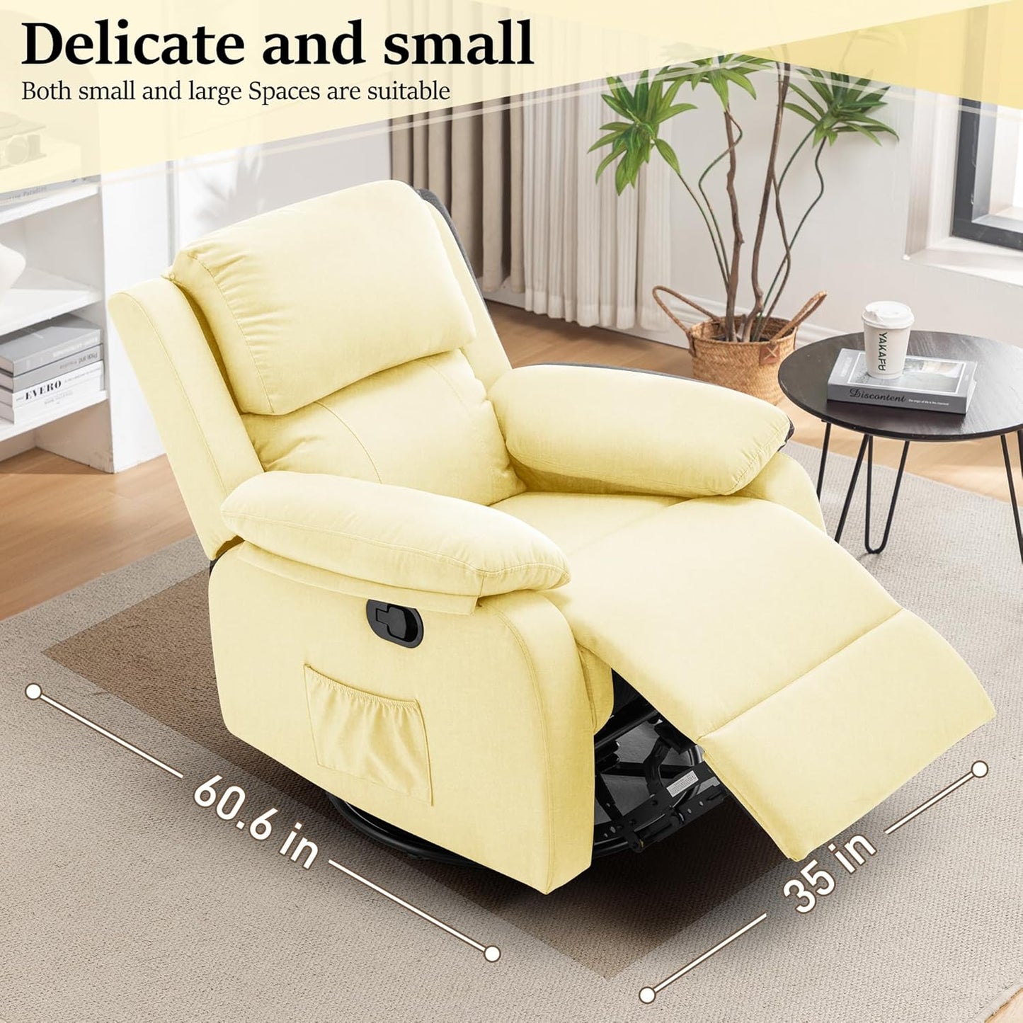 Recliner Chair, 360 Swivel Rocker Chair for Adults, Small Rocking Recliner for Small Spaces, Upholstered Fabric Glider Recliner Nursery Chair with Side Pockets for Living Room, Nursery