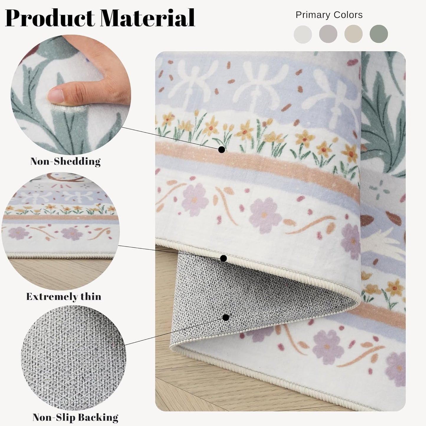 Area Rug 4x6 Rug Washable Vintage Floral Botanical Rugs Non Slip Low Pile Small Carpet for Bedroom, Bedside, Kids Room, Office, Dining Room, Beige