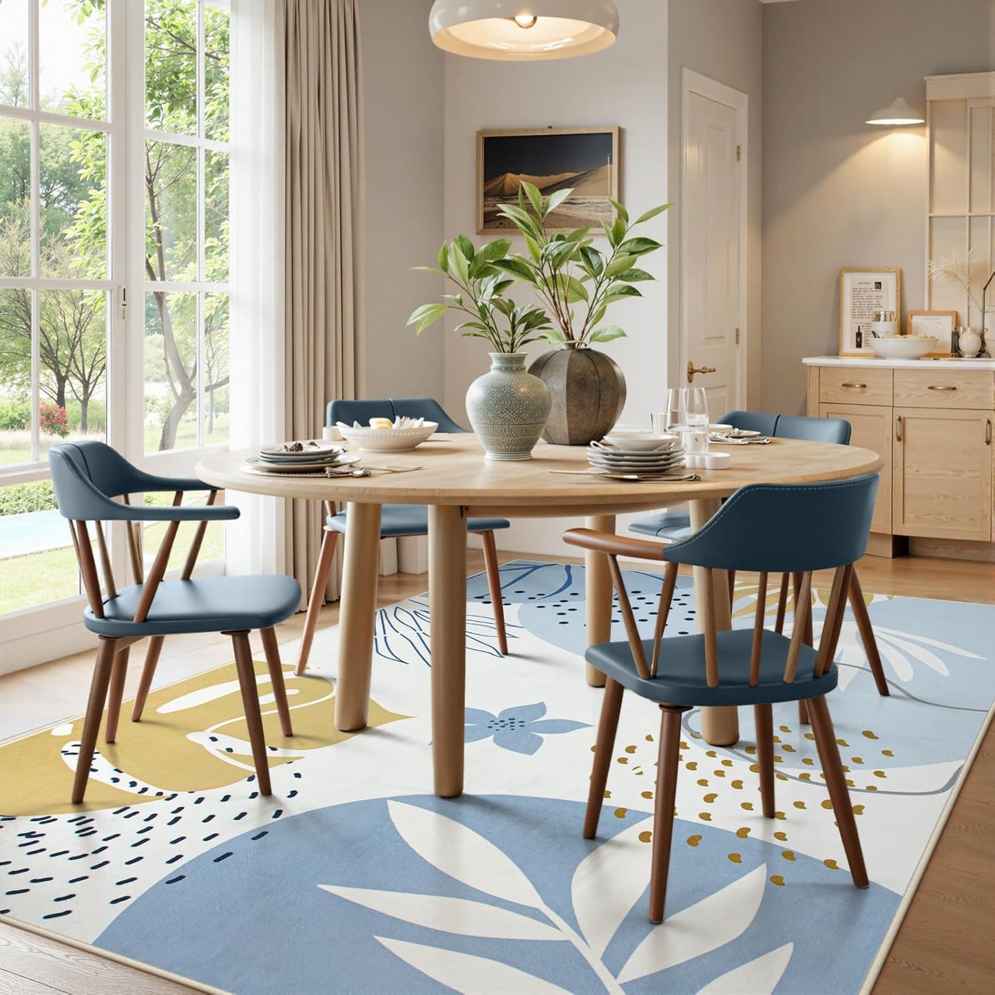 Lahome Boho Machine Washable 6x9 Area Rug for Living Room - Non-Slip Ultra-Thin Soft Bedroom Carpet, Botanical Print Indoor Rugs for Dining Room Classroom Nursery Office, Blue