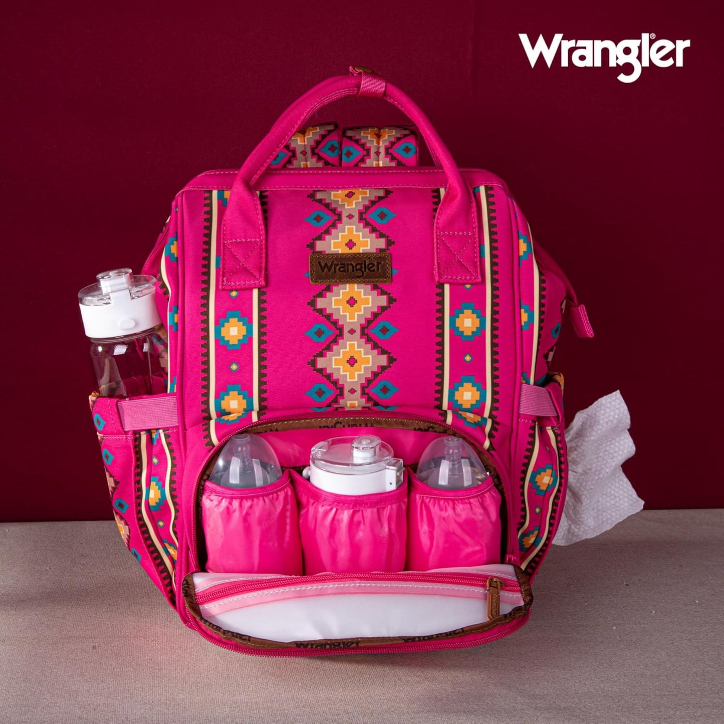 Wrangler Diaper Bag Backpack Aztec Travel Backpack Purses Western Multi-Function Baby Bags for Mom with Waterproof Insulated Pockets