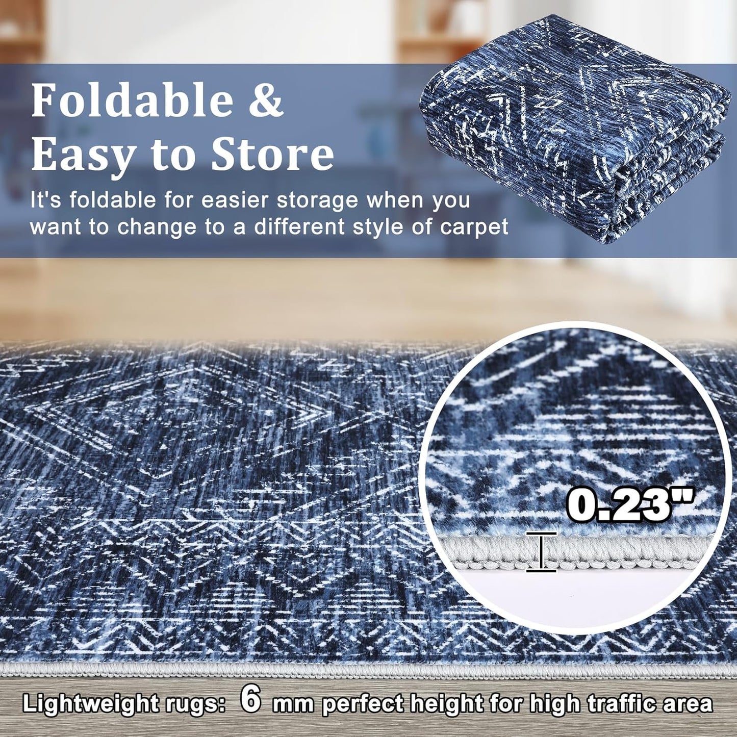 COZYLOOM Washable Runner Rug 2x6 Vintage Non Slip Low Pile Rug Soft Throw Floor Cover Geometric Tribal Foldable Indoor Carpet for Living Room Bedroom Playroom Nursery, Blue