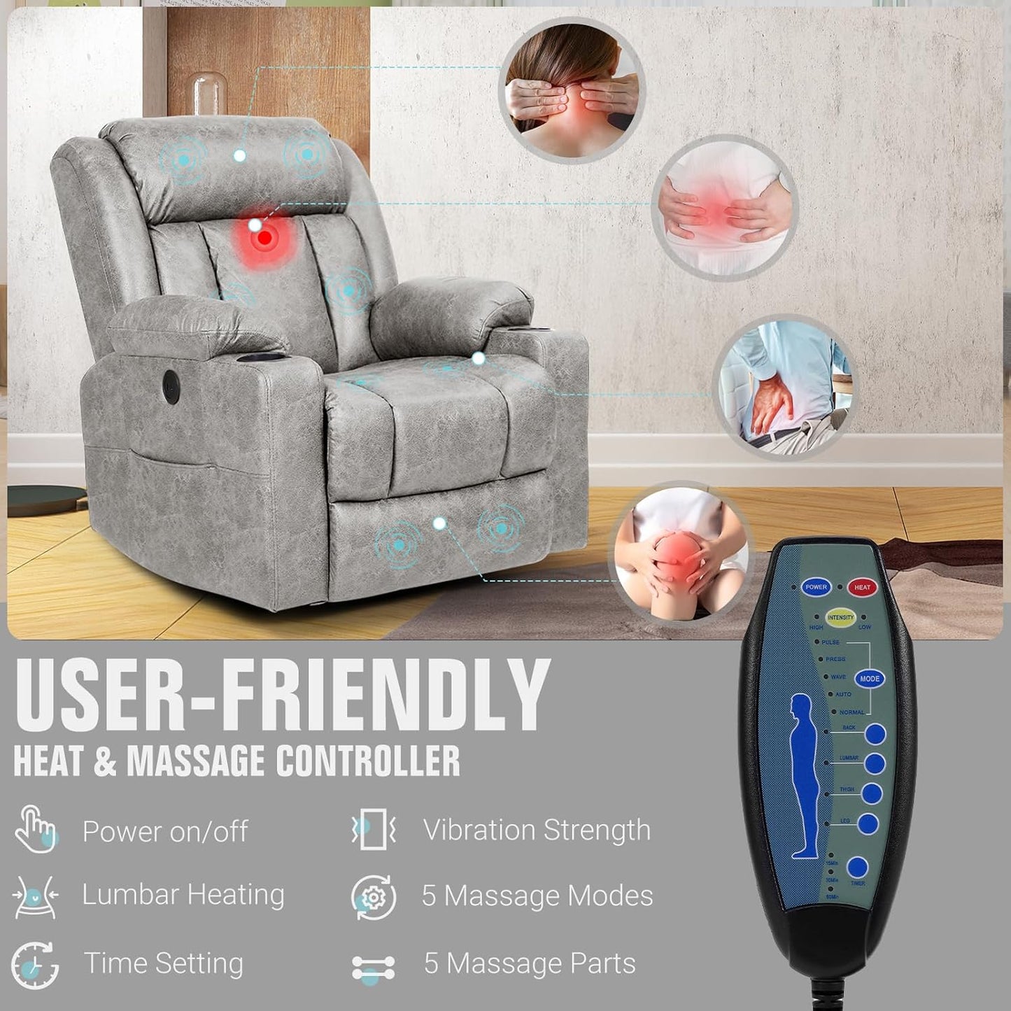 Retro Rocking Recliner Chair, Massage Rocker Recliner Chair with Vibration Massage and Heat, USB and Type-C Ports,360° Swivel Chairs, Living Room, Bedroom, Nursery, RV, Light Grey