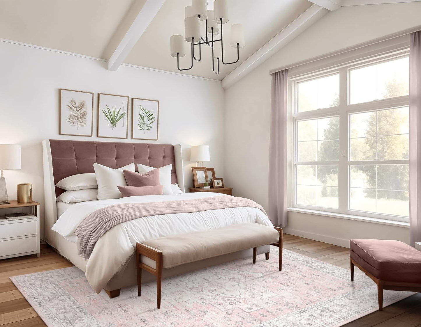 LIVEBOX Pink 6x9 Area Rug for Bedroom Girls, Boho Washable Rugs for Living Room Nursery, Non-Slip Indoor Soft Carpet Low-Pile Farmhouse Carpets for Dining Room Kids Playroom, Pink