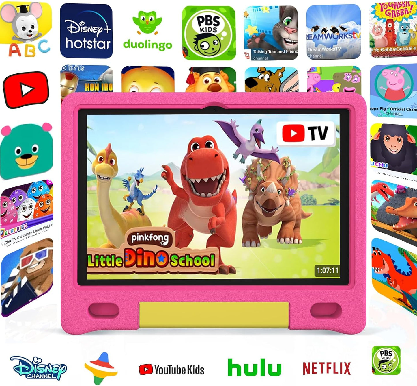 Tablet for Kids 10.1 inch Android 14 6000mHA 8GB RAM+64GB ROM(Expandable to 1TB Kids Tablet Age 3-12 with Case& Lanyard WiFi6 Google Kids Space Parental Control 1280 * 800 HD Screen Pink