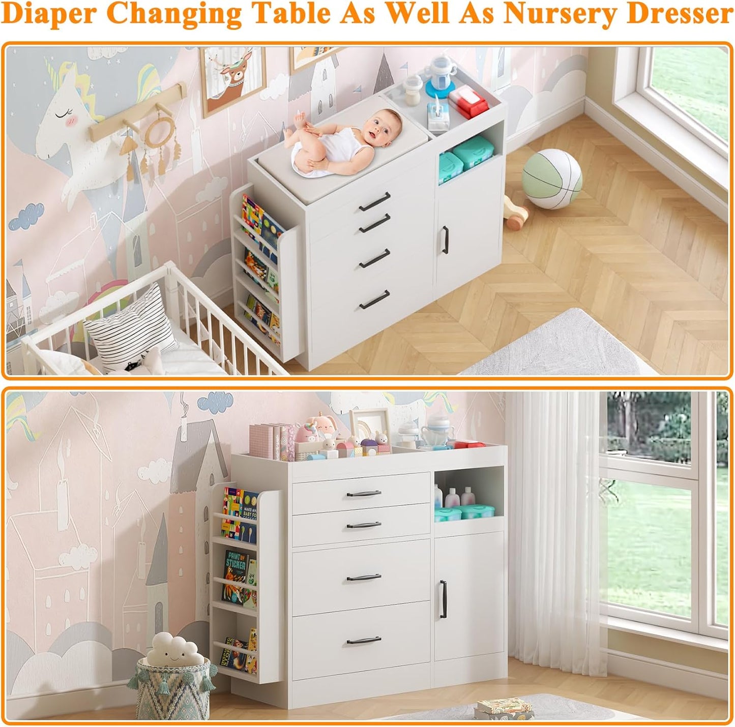 Bigbiglife Changing Table Dresser, Baby Nursery Dresser with 4 Drawers & 1 Cabinet & 3 Open Shelves Storage, Modern Diaper Changing Station for Children's Room, Changing Pad Included, White