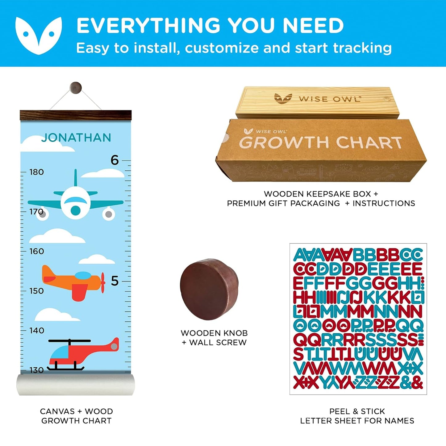 WISE OWL Personalized Growth Chart for Kids - Height Wall Chart for Boys with Peel & Stick Letters for Name - Hanging Canvas Wall Measurement Height Tracker for Baby Gift (Vehicles)