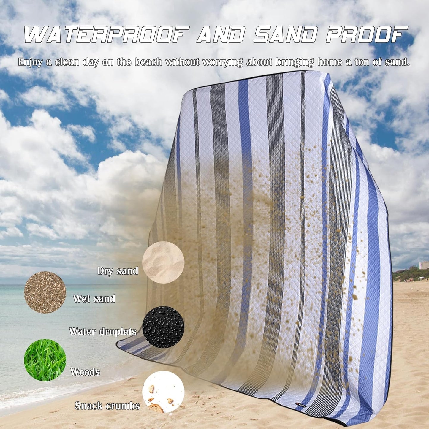 Waterproof Picnic Mat, Outdoor Camping Oversized Field Blanket. Portable Thickened Camping Blanket, Suitable for Beach, Camping, Music Festival, Party, Outdoor Adventure. (Black&Blue&White, 80”x80”)