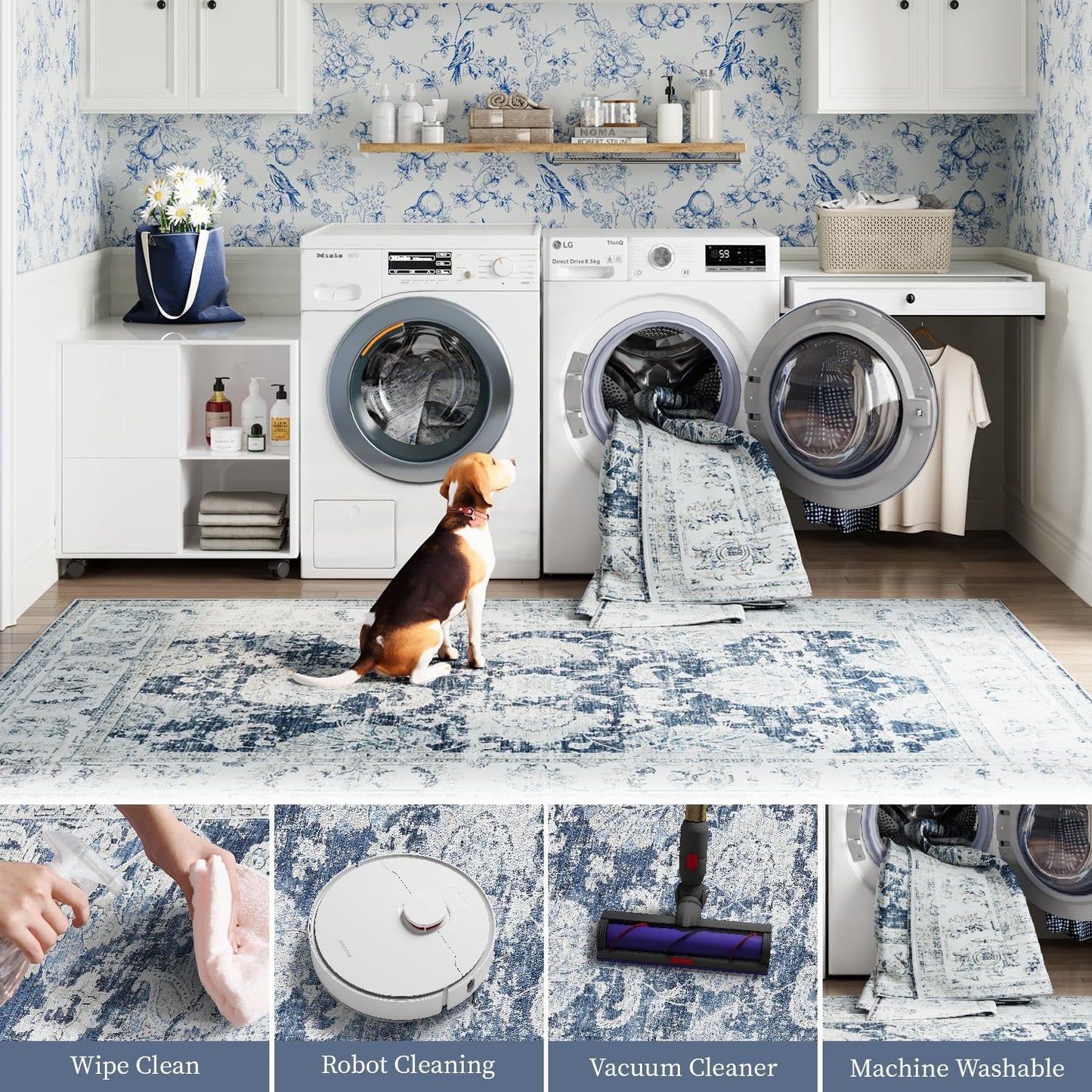 jinchan Washable Area Rug 8x10 for Living Room Soft Faux Wool Ultra-Thin Stain Resistant Non-Slip Distressed Vintage Floral Large Carpet for Bedroom,Dining Room,Home Office,Nursery(Dark Blue, 8'x10')