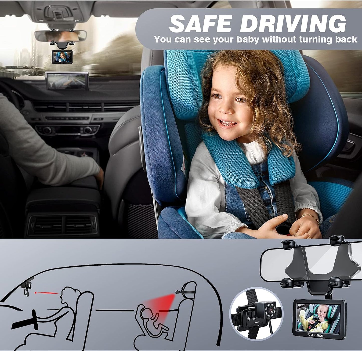 Baby Mirror for Car, ATOROBROS Baby Car Camera for Rear-Facing Seat with 4.3'' HD Display, Upgrade 360° Rearview Mirror Display Bracket, Easy and Safe to See Baby while Driving