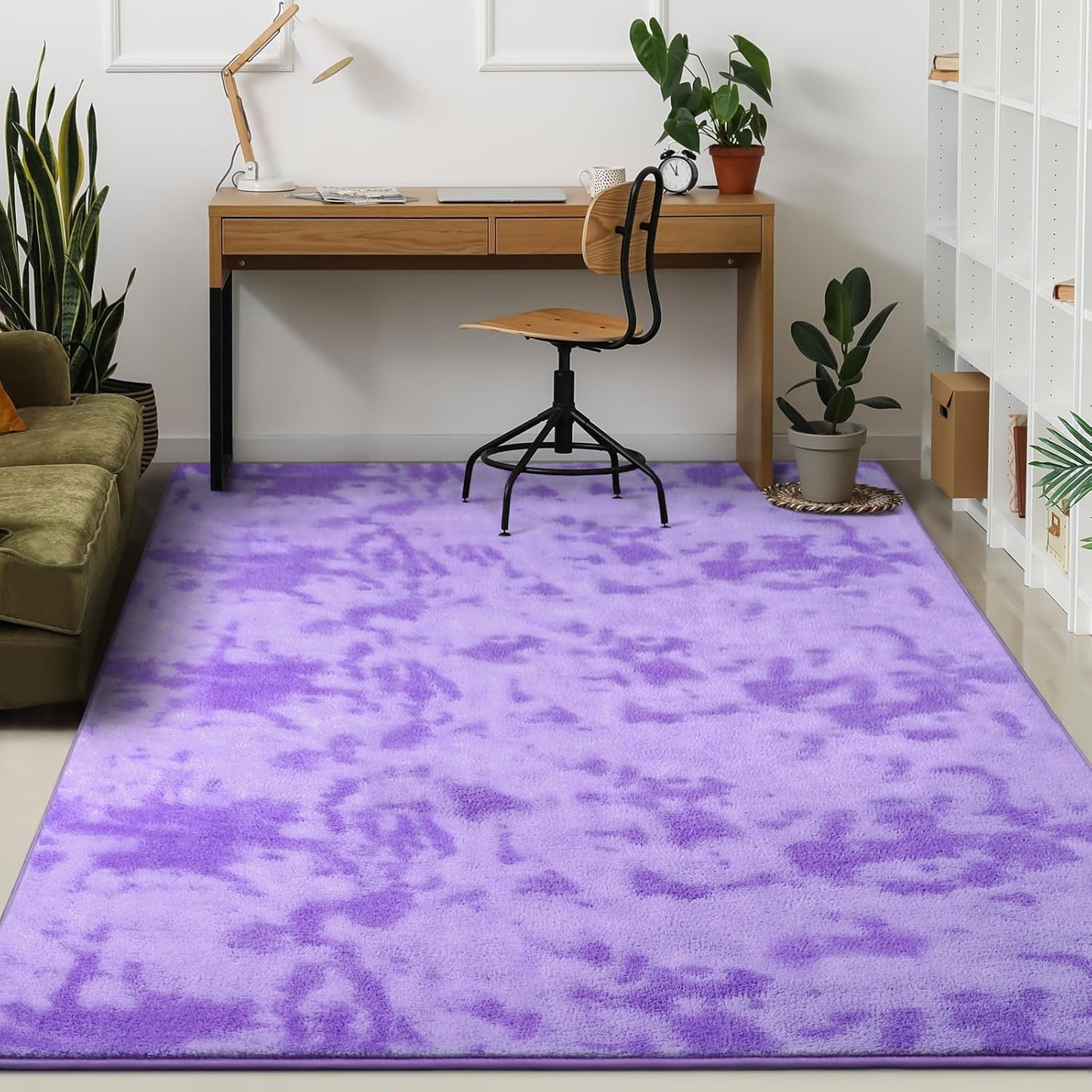 Kimicole 4x6 Washable Area Rugs for Bedroom Living Room, Low Pile Ulta-Thin Solid Color Rug, Non-Slip Soft Fluffy Carpet for Nursery Kids Room Dorm Room Home Decor (Purple)