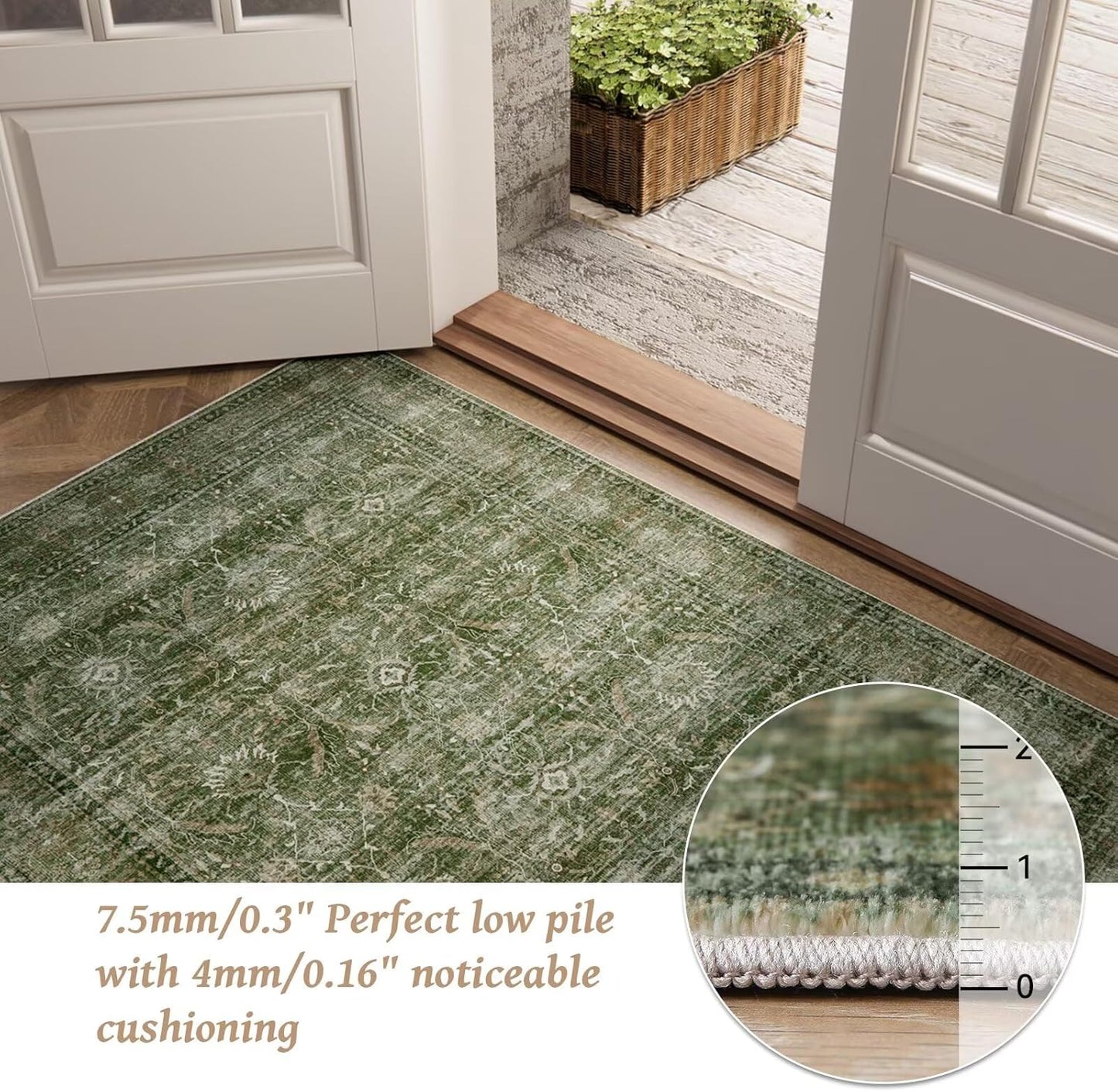 Washable 6x9 Area Rugs for Living Room, BoHo Non-slip Silicone Backing Large Rug for Bedroom Dining Room Nursery Office, 0.3" Neutral Oriental Throw Carpet with 0.16" Cushioning Pad, Grass Green/Multi
