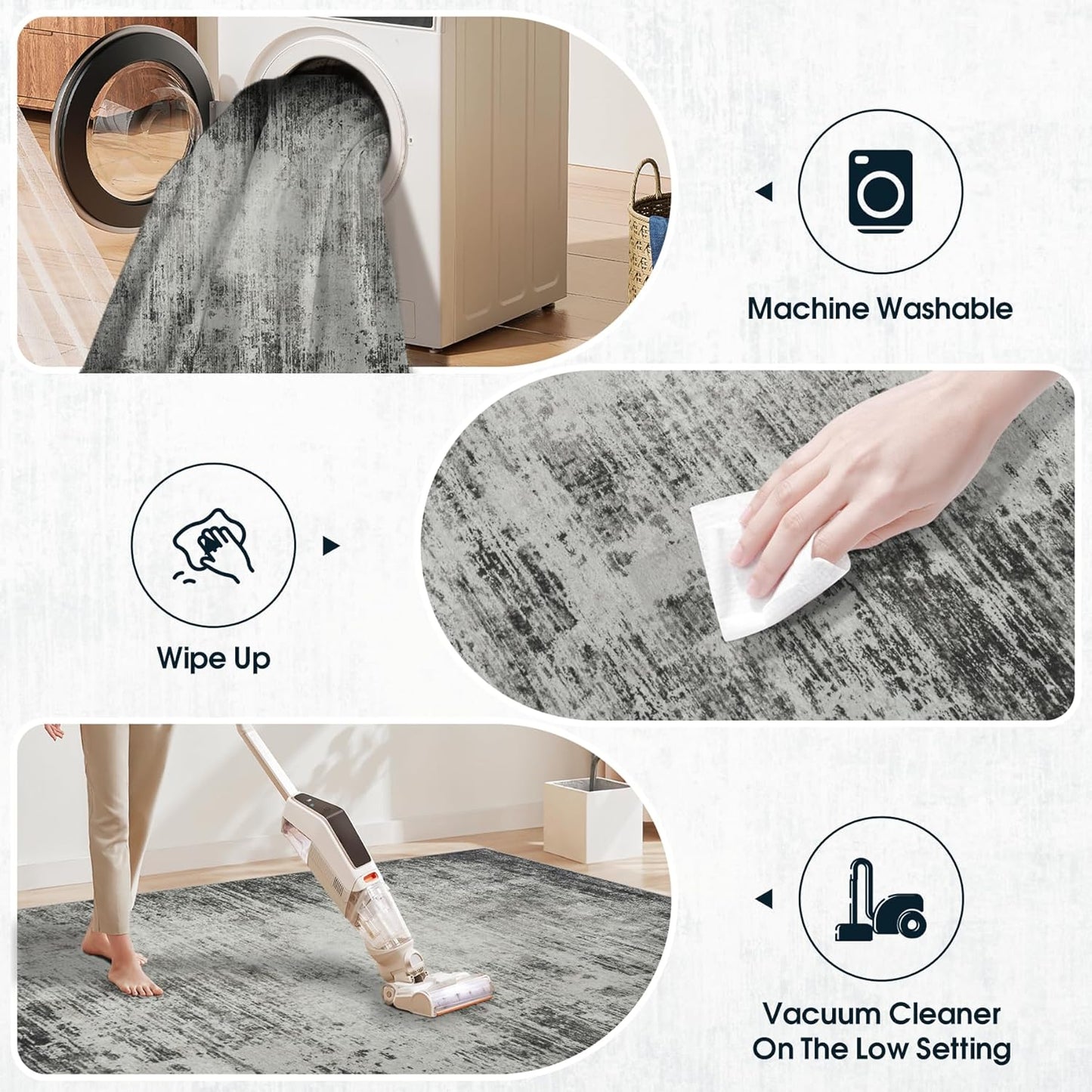 Washable Rug 6x9 Area Rugs, Abstract Washable Rugs with Non-Slip Backing, Stain Resistant Indoor Floor Carpet for Bedroom Dining Room Table Nursery Hallway Home Office-Black/Gray