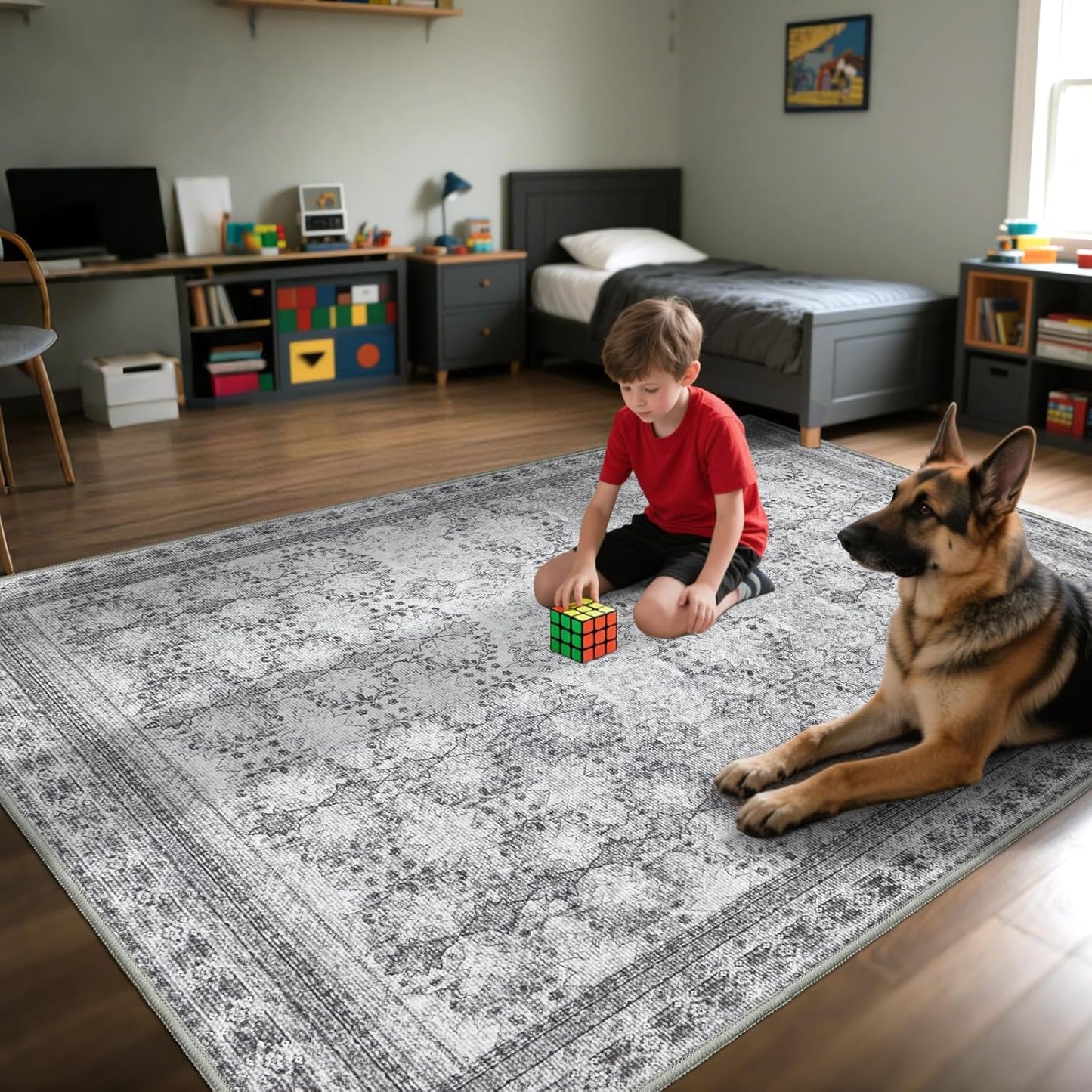 4x6 Area Rug for Bedroom Machine Washable, Non Slip Vintage Floral Kitchen Rugs for Dining Room,Rustic Indoor Floor Carpet for Kids Room, Playroom, Office Classroom Faded Grey