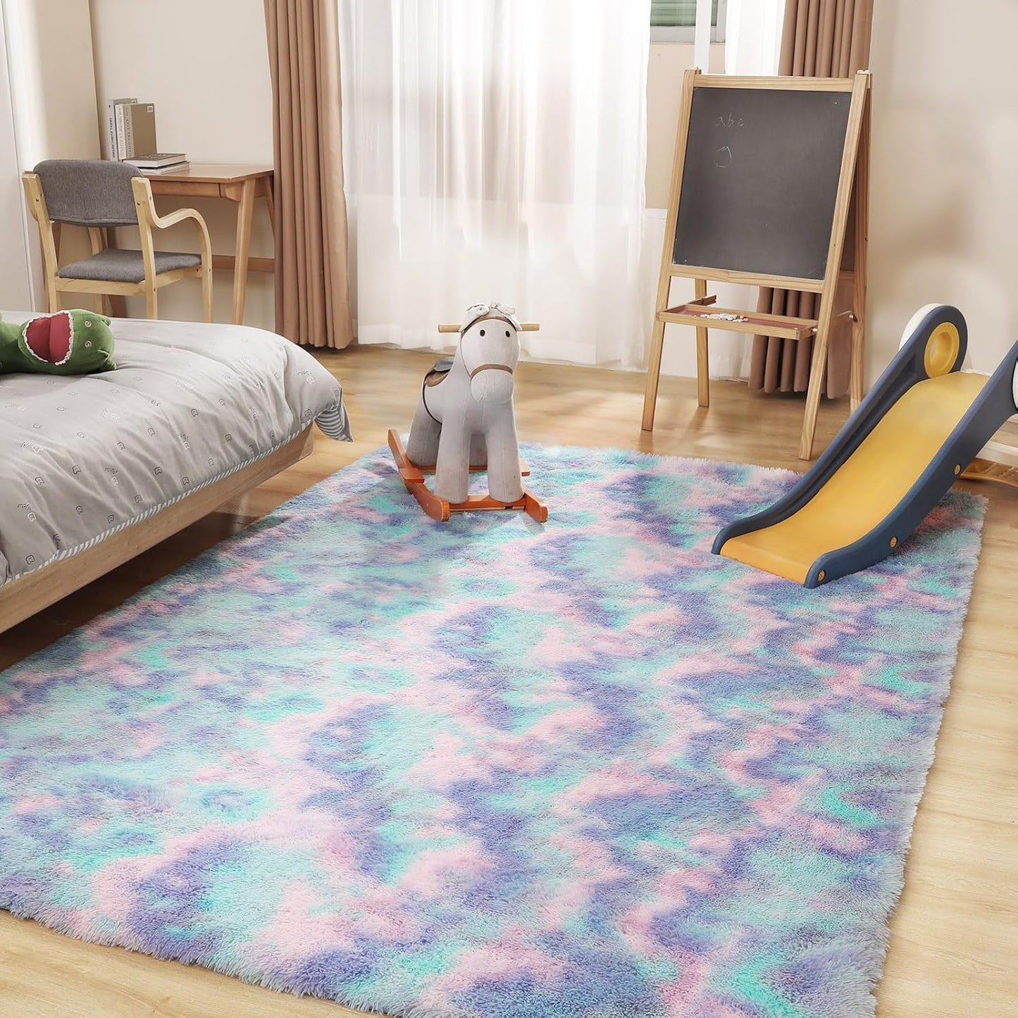 Rainbow Rug for Girls Room, 8x10 Fluffy Area Rugs for Bedroom, Colorful Kids Rug Cute Anti-Skid Indoor Carpet for Nursery, Living Room, Playroom, Home Decor