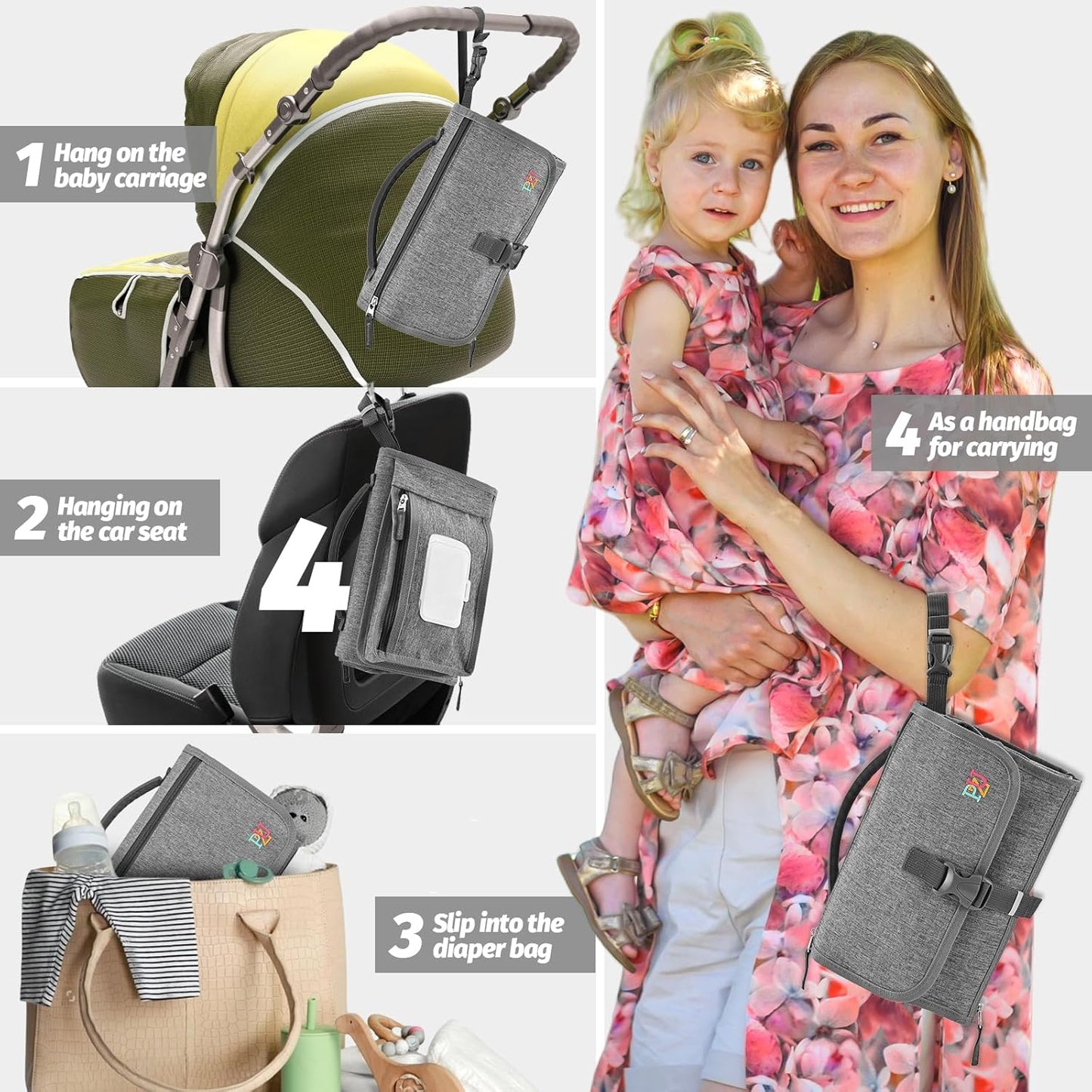 PZU Portable Diaper Changing Pad - Changing Pad Portable with Wipes Pocket, Waterproof Diaper Changing Mat, Portable Changing Pad for Baby, Newborn Gift(Grey)