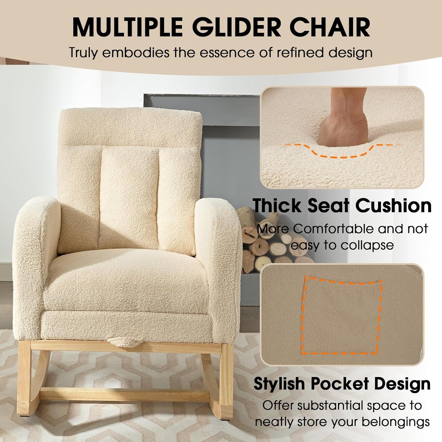 NIOIIKIT Modern Nursery Rocking Chair, Teddy Upholstered Rocking Chair with Footrest, Comfortable Glider Rocker with Side Pocket for Living Room, Bedroom, Nursing Room (Beige)