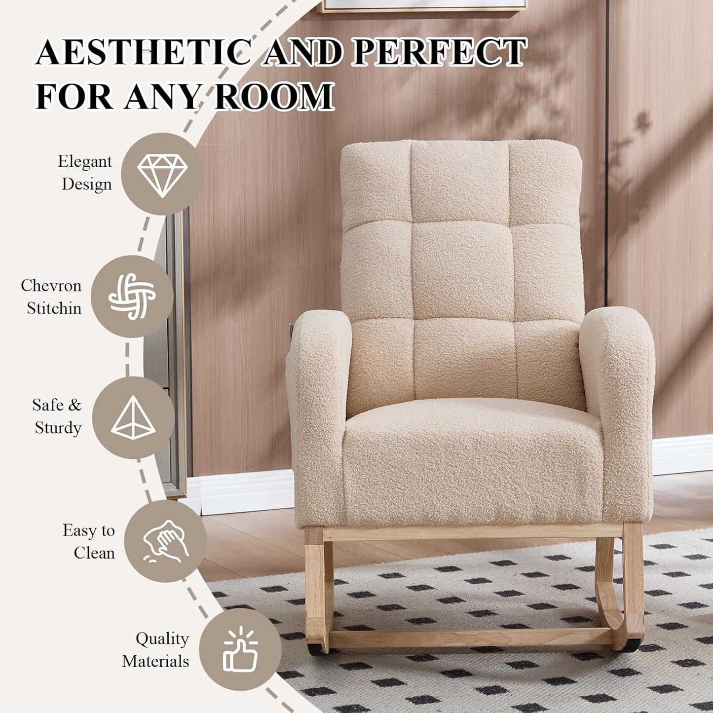 NIOIIKIT Nursery Rocking Chair, Teddy Upholstered Glider Chair with Side Pocket, Glider Rocker Chair with Tufted Back, Comfy Accent Nursing Chair for Living Room (Beige Retro)