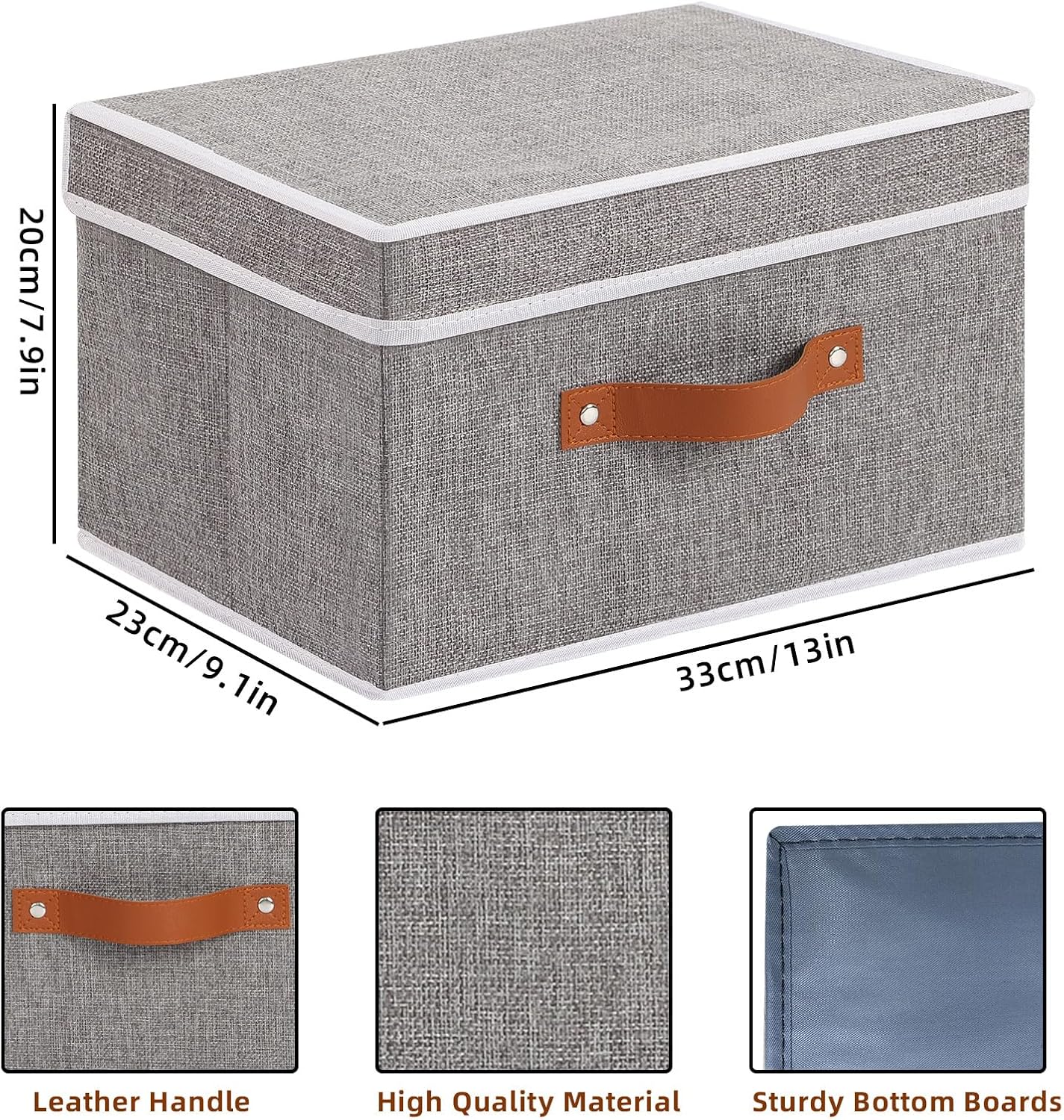 Fabric Storage Bins with Lids, Linen Foldable Clothes Boxes, Closet Organizer Containers with Double Handles, Baskets for Bedroom, Grey, 3 Pack, 13 x 9.1 x 7.9 Inch