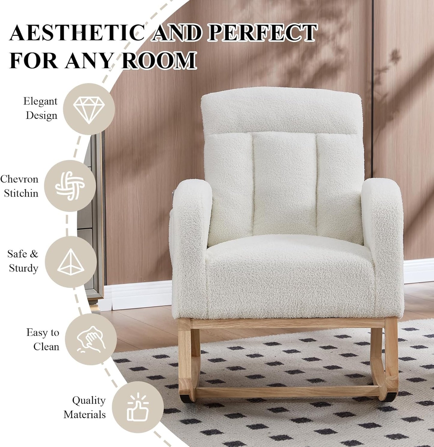 NIOIIKIT Nursery Rocking Chair, Teddy Upholstered Glider Chair with Side Pocket, Glider Rocker Chair with Tufted Back, Comfy Accent Nursing Chair for Living Room (White Modern)