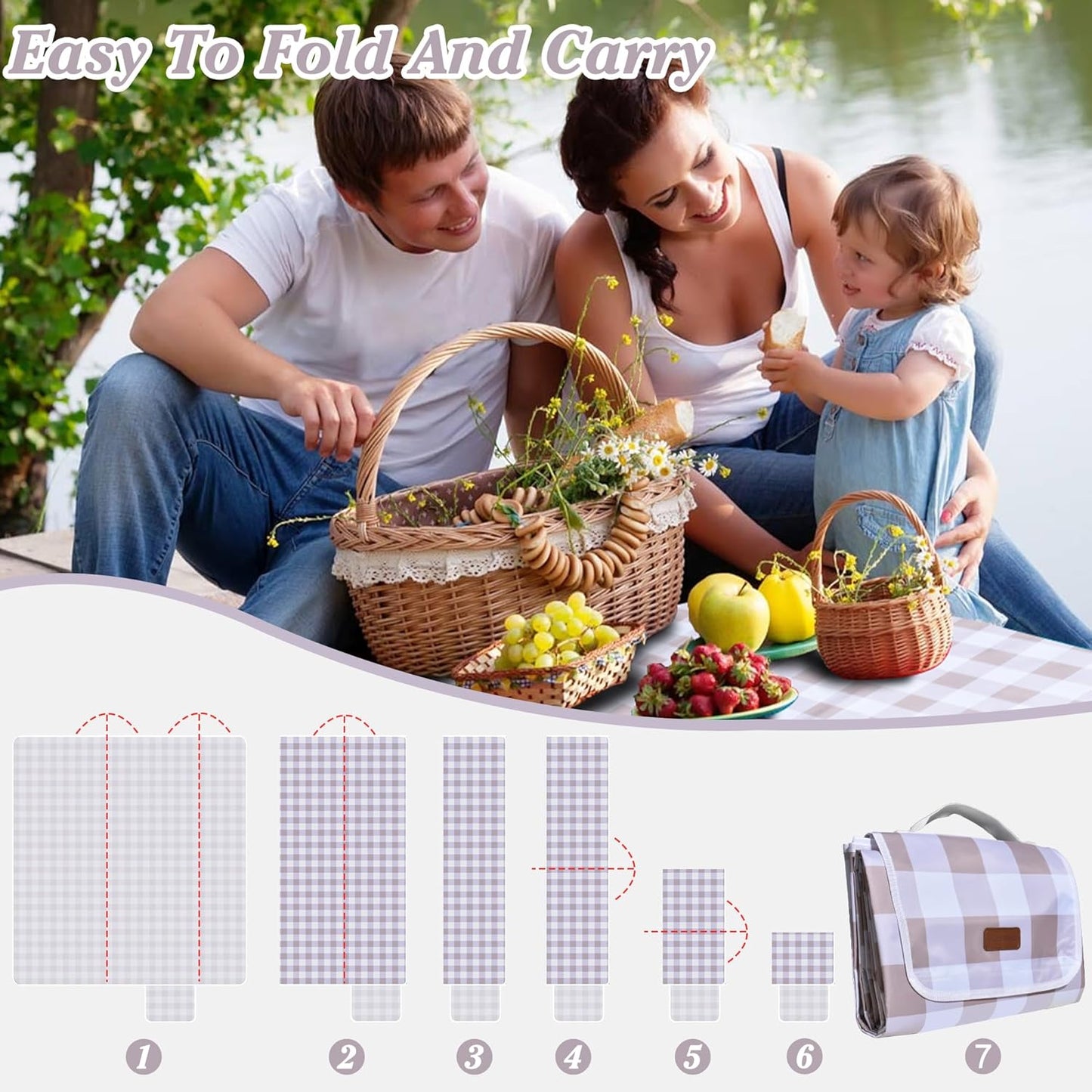 80"x60" Waterproof Sandproof Picnic Mat - Portable Foldable Outdoor Blanket for Beach, Park, Travel & Indoor Use - Lightweight Compact Design, Easy-Carry (Light Brown)