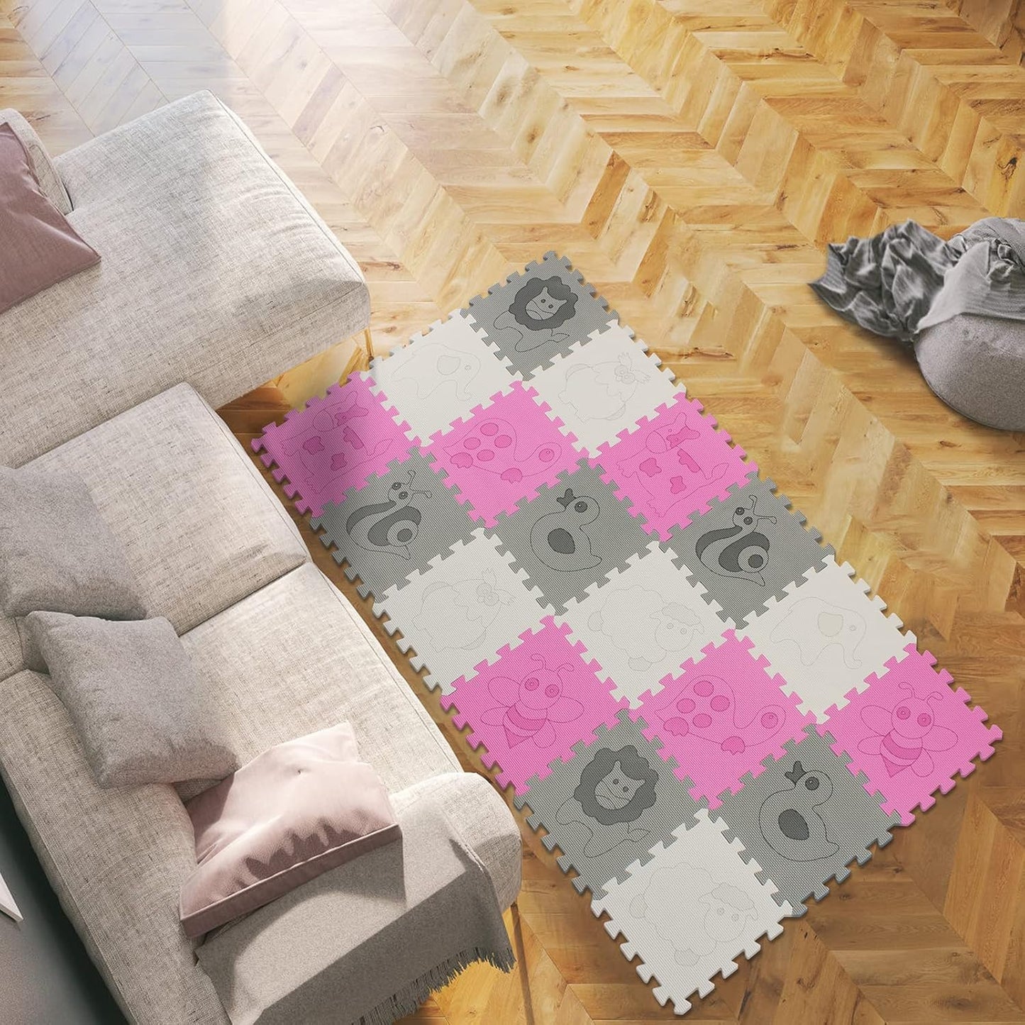 qqpp EVA 18 Tiles Baby Play Mat for Playing, Interlocking Foam Floor Mats for Tummy Time & Crawling, Puzzle Flooring Tiles with Animals Laser Pattern for Kids. QL-11(ACL) b18N