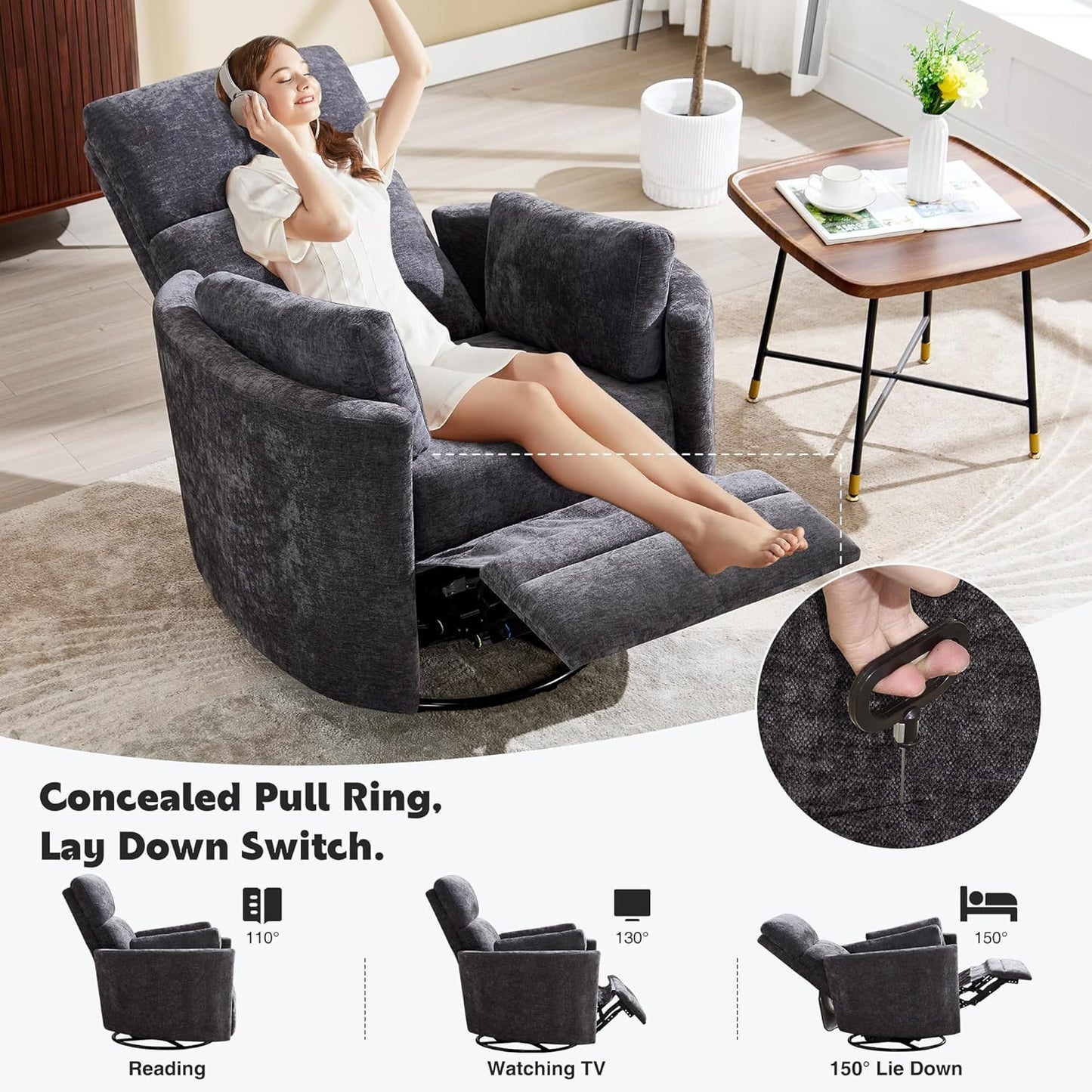 Recliner 360°Swivel Glider Rocking Chair,Upholstered Nursery Multifunction Rocking Chair with High Back, Adult Recliner Chair with 2 Pillows for Living Room Bedroom(DRAKGREY, Manual Operation)