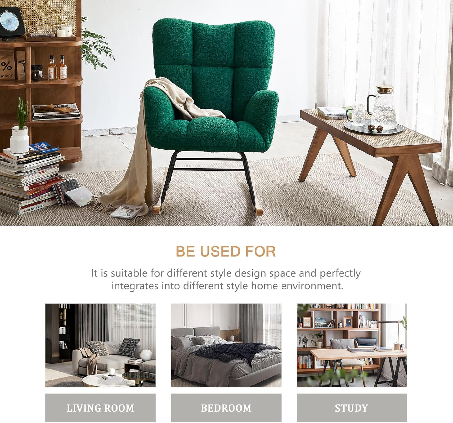 Kiztir Rocking Chair Nursery, High Backrest Teddy Glider Rocker Upholstered Rocker Recliner Modern Rocking Accent Chairs for Bedroom, Living Room, Offices (Green)