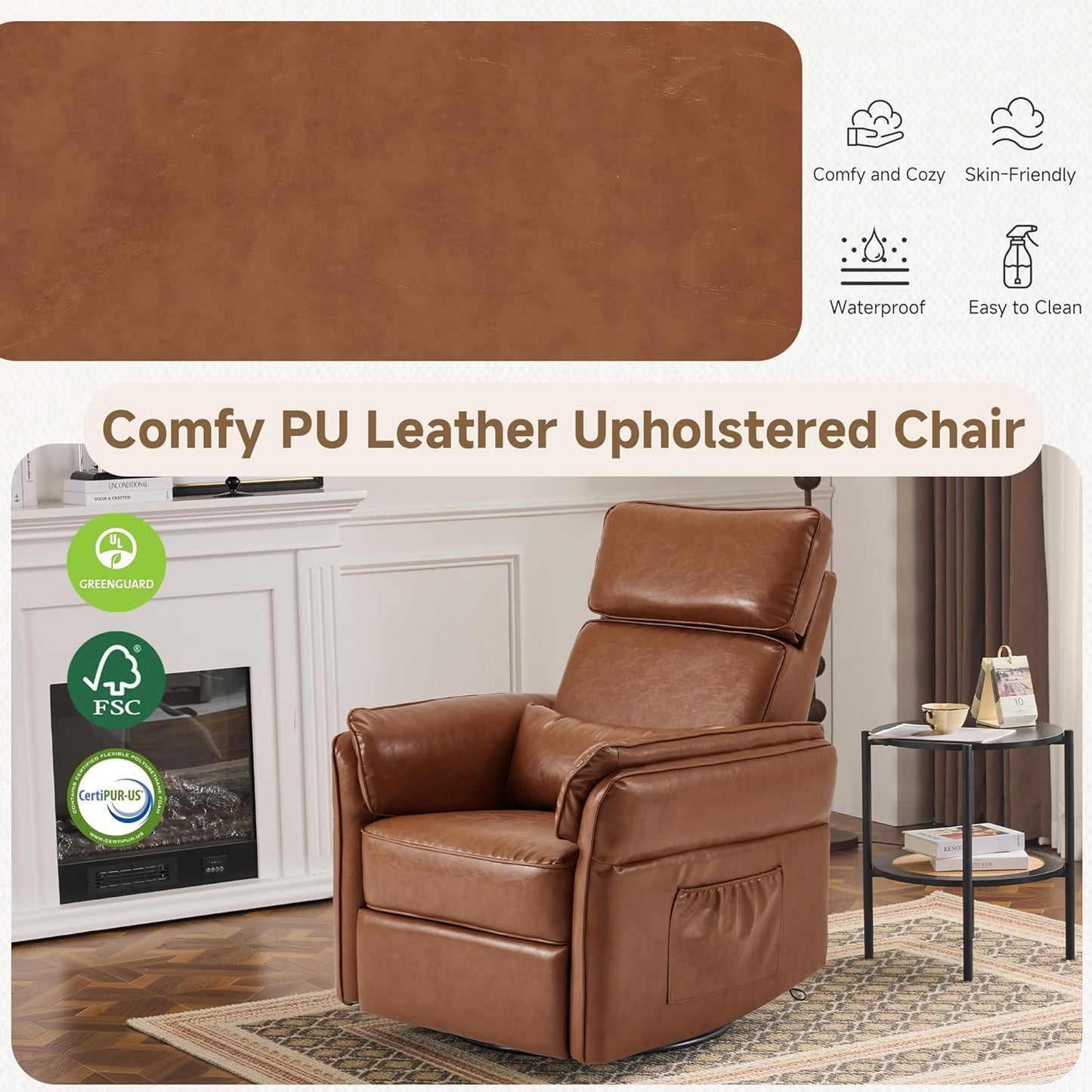 Power Recliner Rocking Chair Nursery Gliders with Adjustable Armrests and Headrest, Swivel Electric Glider Reclining Nursing Chair with USB Port and Storage Bags, FSC Certified(Leather, Brown)