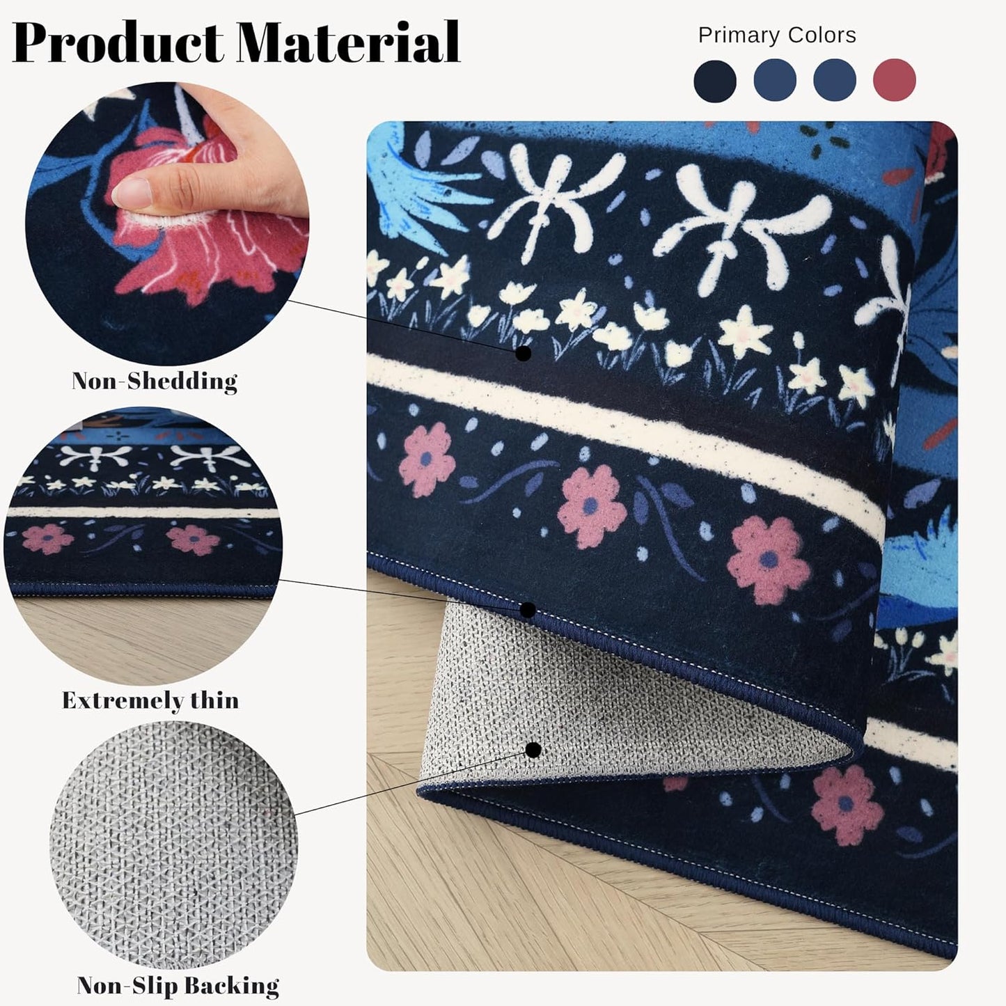 Area Rugs 8x10 for Living Room Clearance Washable Vintage Floral Botanical Rug Non Slip Low Pile Large Rug for Bedroom, Farmhouse, Dining Room, Kids Playroom, Blue