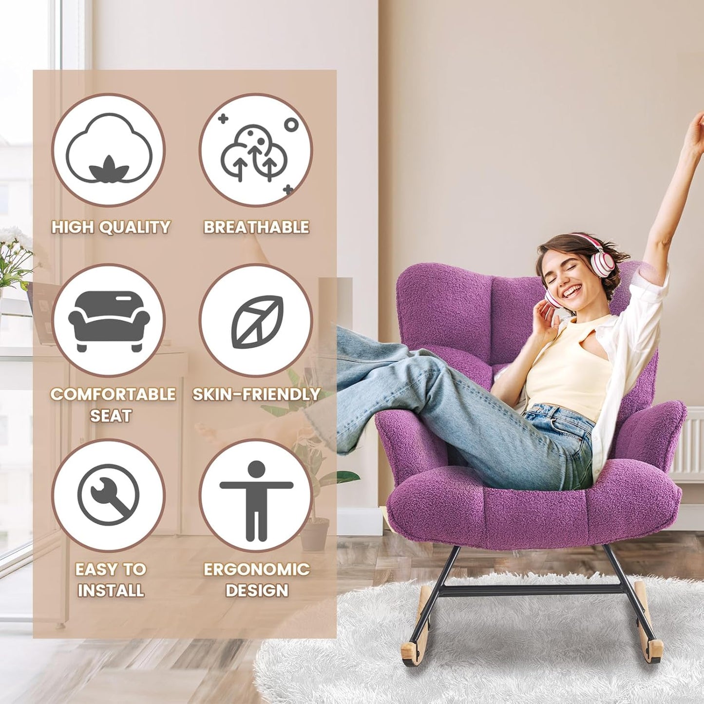 Rocking Chair Nursery Teddy Upholstered Glider Rocker Rocking Accent Chair Padded Seat with High Backrest Armchair Comfy Side Chair for Living Room Bedroom Offices (Purple Teddy)