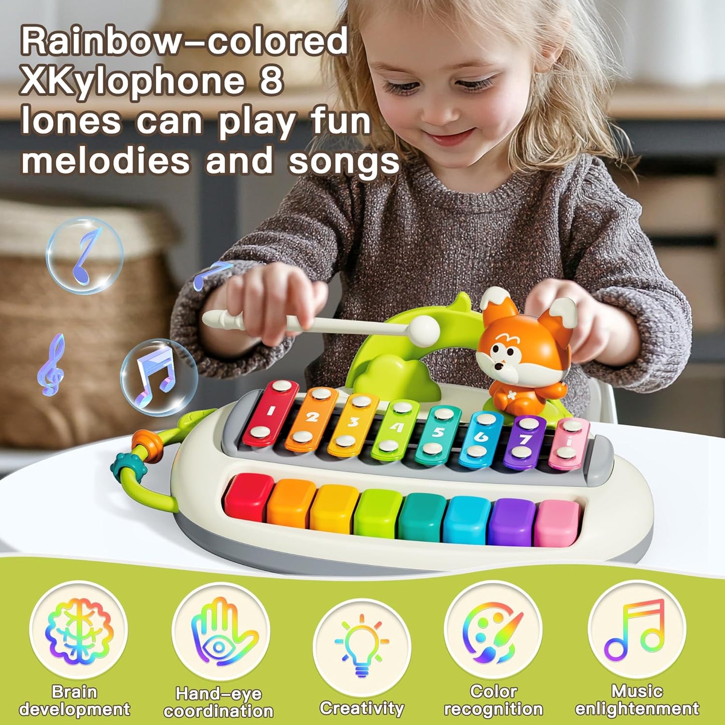 2 in 1 Baby Piano Xylophone for Toddlers, 8 Multicolored Key Keyboard Piano, Musical Table Percussion Sensory Toys ,Educational Musical Learning Instruments Toy for Kids Girls Boys