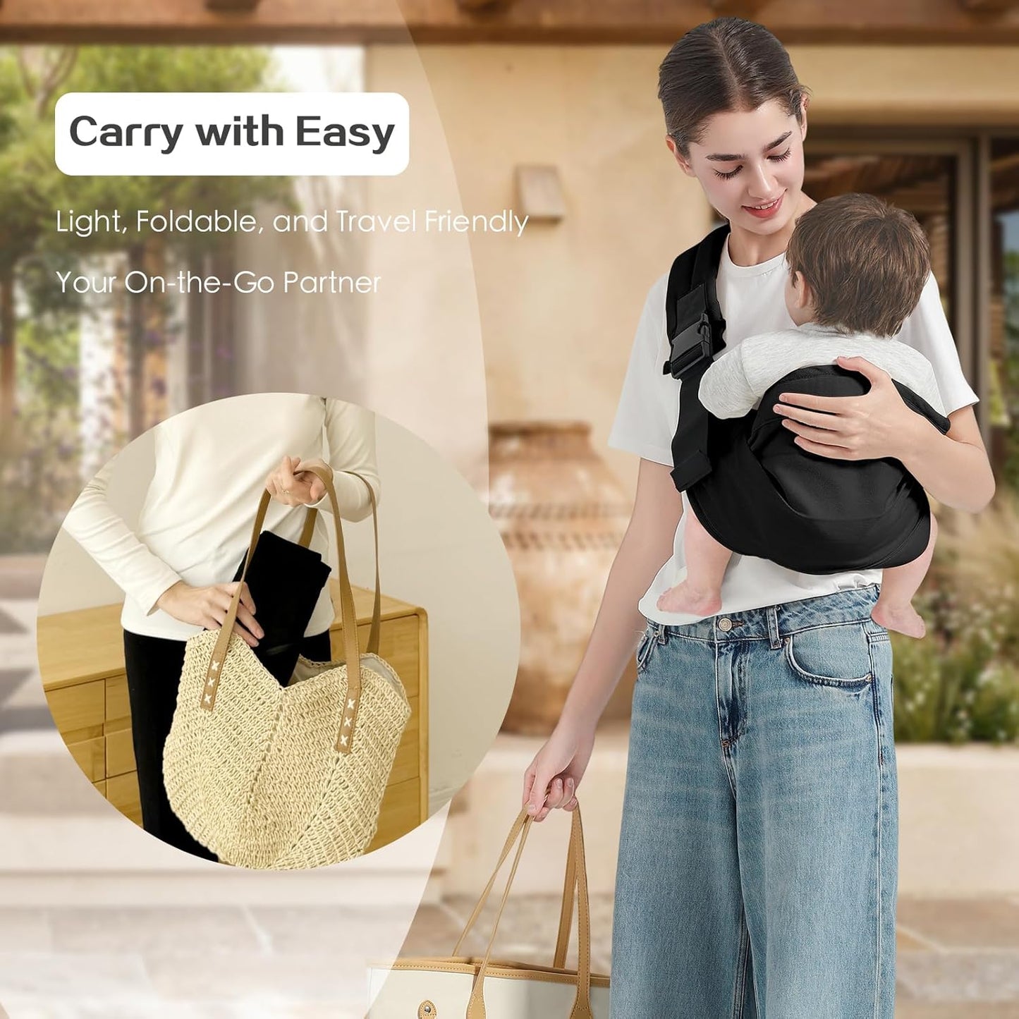 Baby Sling Carrier, Toddler Carrier Sling with Double Safety Buckle and Adjustable Shoulder Strap(7-30lbs), Baby Carriers One Size Fits All, Black