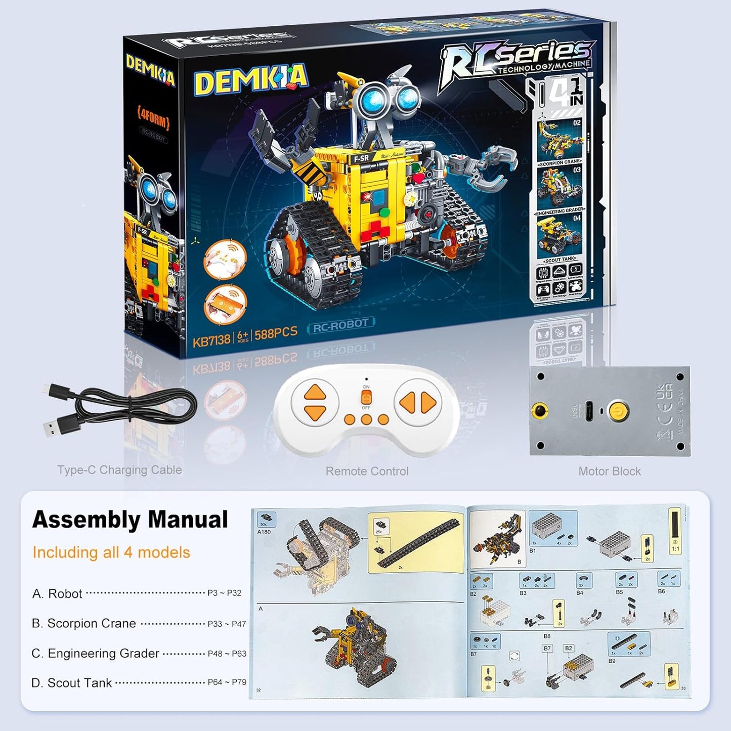 Robot Building Kit for Kids and Adults, 4-in-1 Rechargeable RC Robotics Kit with Remote & App Control, STEM Coding Toys & Science Projects, Birthday Gifts for Boys Ages 8-12+ (588 Pcs)