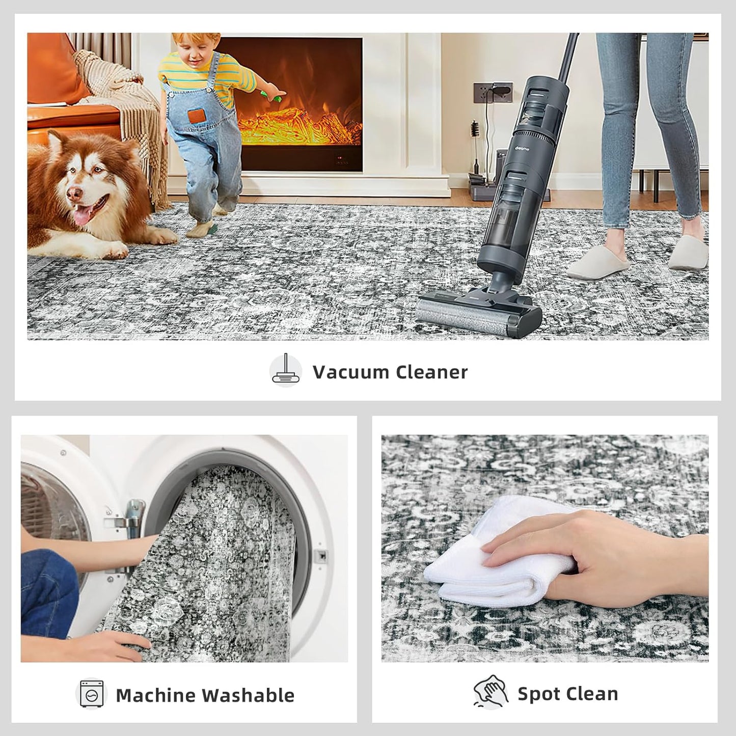 Washable Non-Slip Cream Rug - 3x8 Kitchen Runner with Non-Shedding, Boho Distressed Carpet for Hallways & Bedroom Vintage Grey