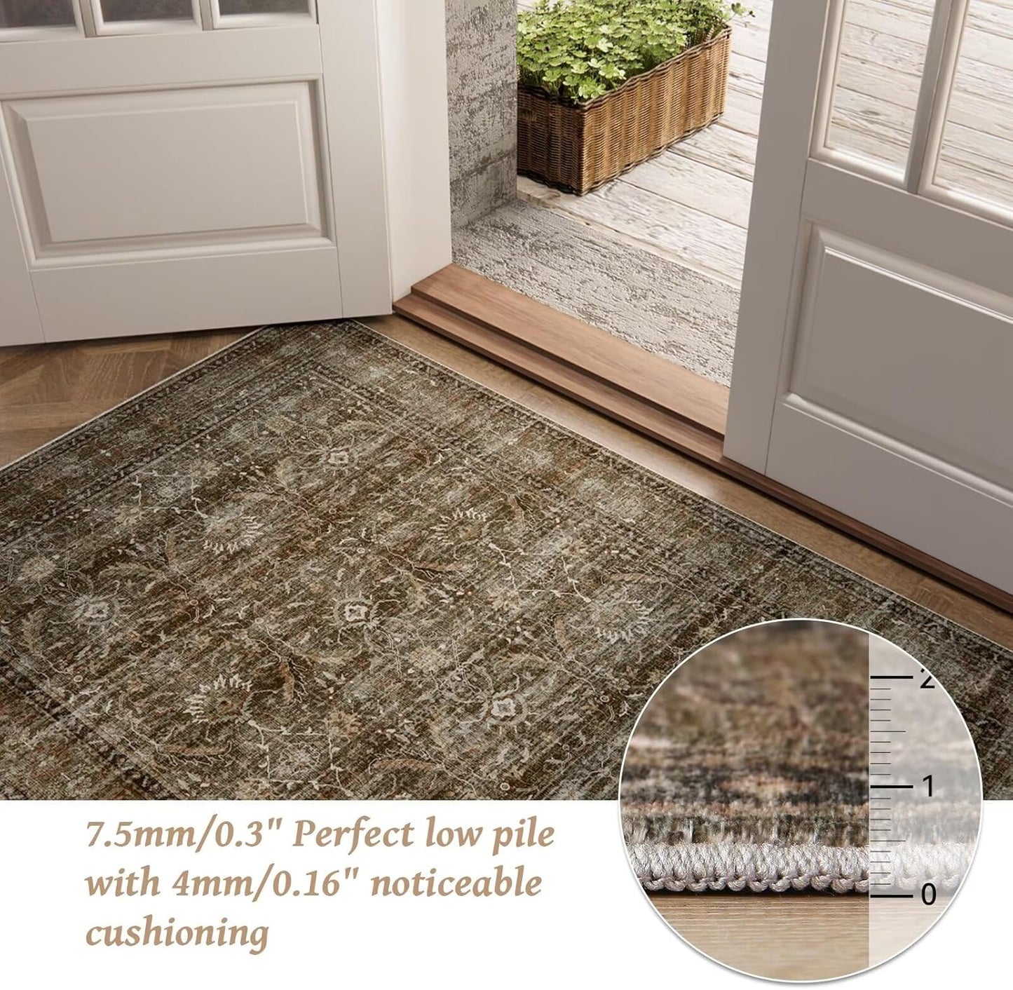 Washable 3x5 Entryway Rug Indoor, Boho Non-Slip Silicone Backing Small Rugs for Kitchen Nursery Office Bedroom, 0.3" Neutral Oriental Throw Carpet with 0.16" Cushioning Pad, Deep Brown/Multi