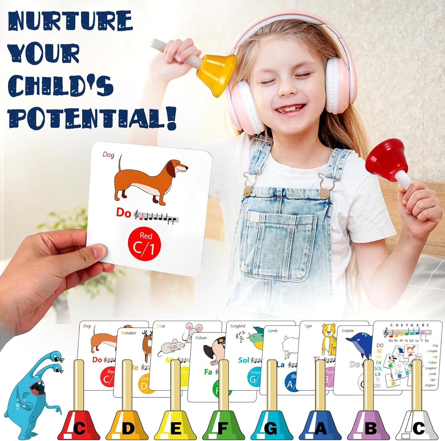 MINIARTIS Hand Bells for Kids | Educational Music Toys for Toddlers 8 Notes Colorful Handbells Set | Kids Musical Instrument with 15 Songbook, Theory Flashcards | Great Birthday Gift for Children