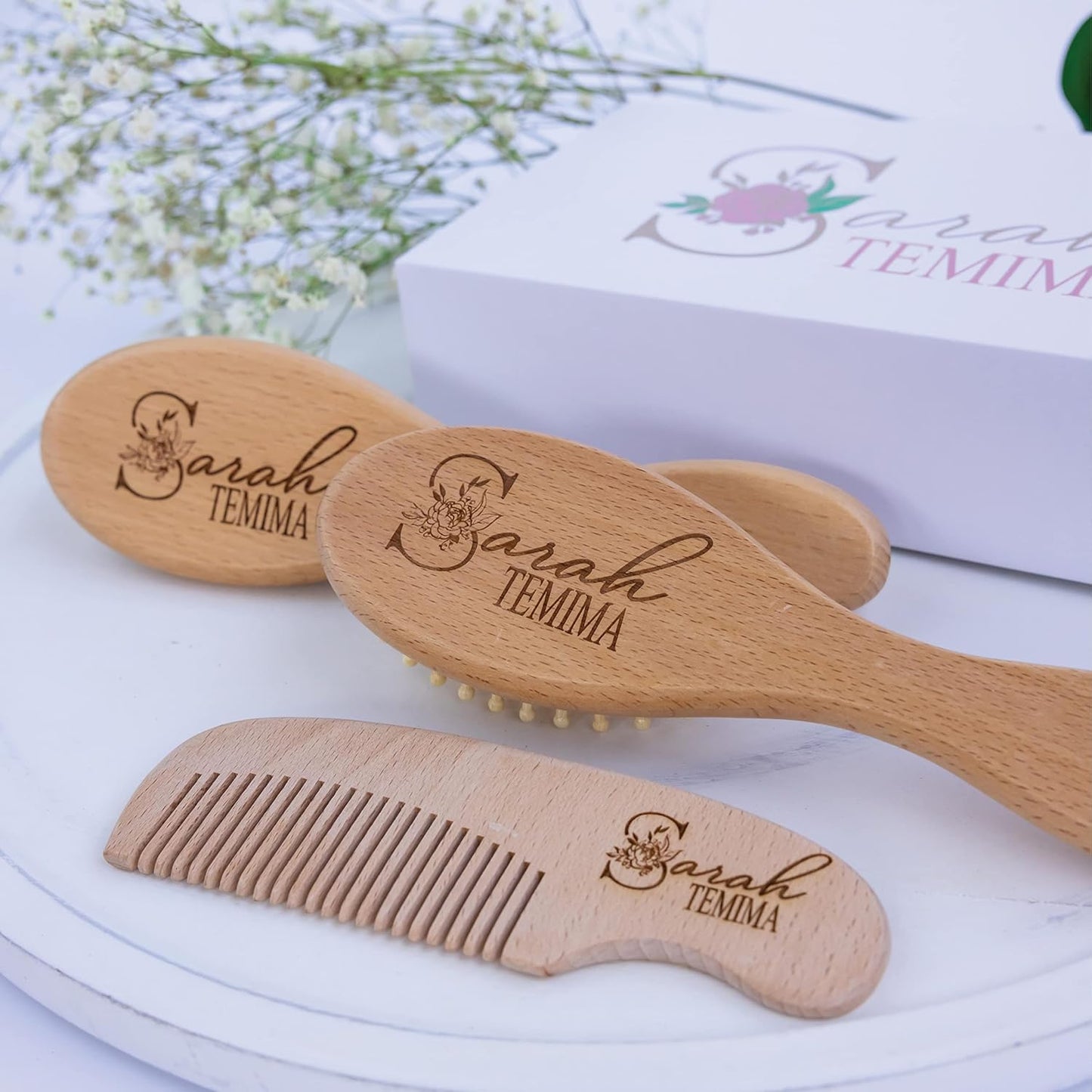 Personalized Wooden Baby Brush Set Girl | Wooden Baby Brush and Comb Set| Personalized Baby Gift | Personalized Baby Gift Girls | Floral Initial New Born Baby Gift