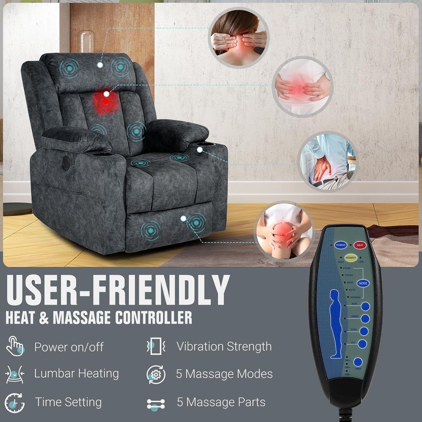 Retro Rocking Recliner Chair, Massage Rocker Recliner Chair with Vibration Massage and Heat, USB and Type-C Ports,360° Swivel Chairs,Living Room, Bedroom, Nursery, RV, Dark Grey