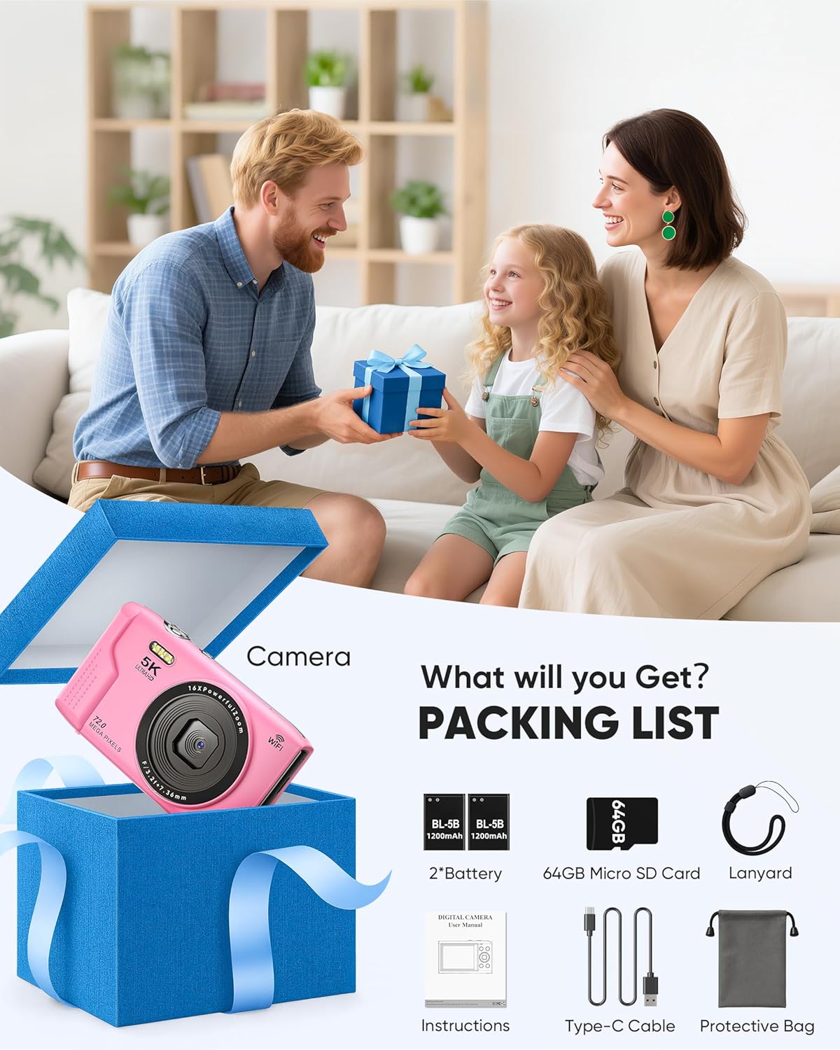 T TAKMLY Digital Camera 5K, Autofocus 16x Zoom 72MP Point and Shoot Cameras Compact Portable with Flash for Kids Boys Girls Teens Students, Anti Shake 2.8'' Screen, 64GB Card Include, Pink