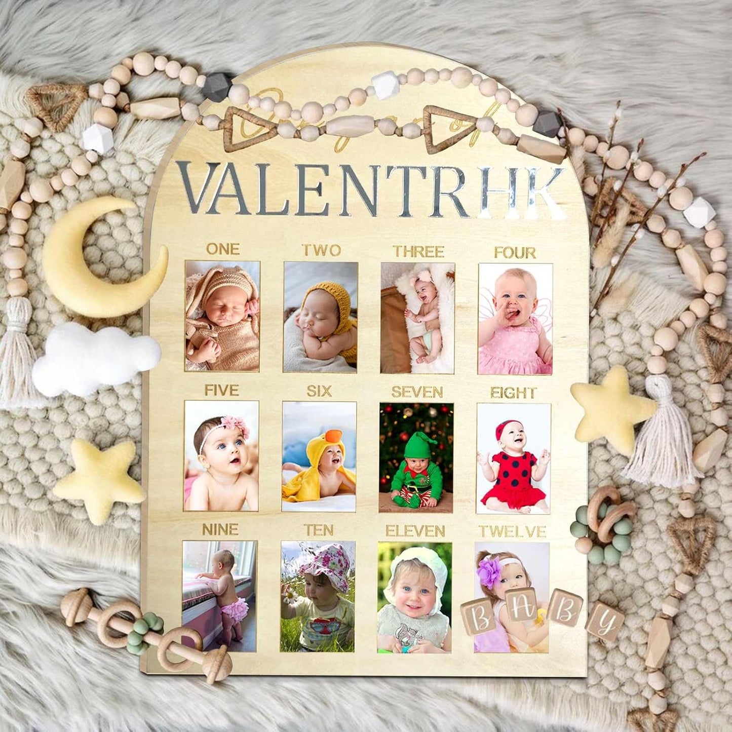 One Year Of Photo Board My First Year Milestone Board 12 Monthly Picture Frame Baby's First Year Wood Photo Board Acrylic Mirror Letters 1st Birthday Decoration Baby Keepsake Gift (2" x 3" photos - Wallet Size)