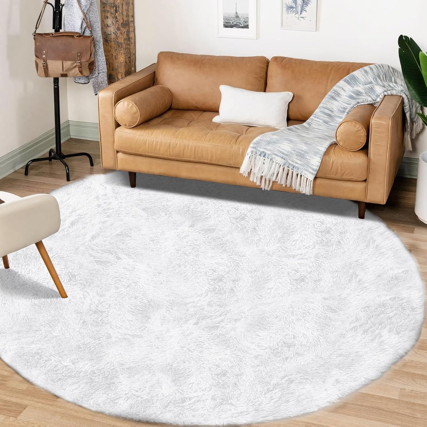 4FT Round Rug for Bedroom: Fluffy Shag Soft Washable Rugs Circle Small Fuzzy Plush Indoor Carpet for Living Room Nursery Playroom Dorm Kids Girls Boys Room (White, 4'x4')
