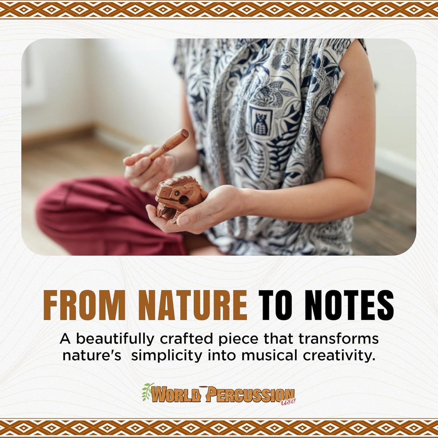 Deluxe Medium 4” Wood Frog Guiro Rasp - Percussion Musical Instrument Tone Block - Wooden Instrument with Stick, Frog Noise Maker by World Percussion USA