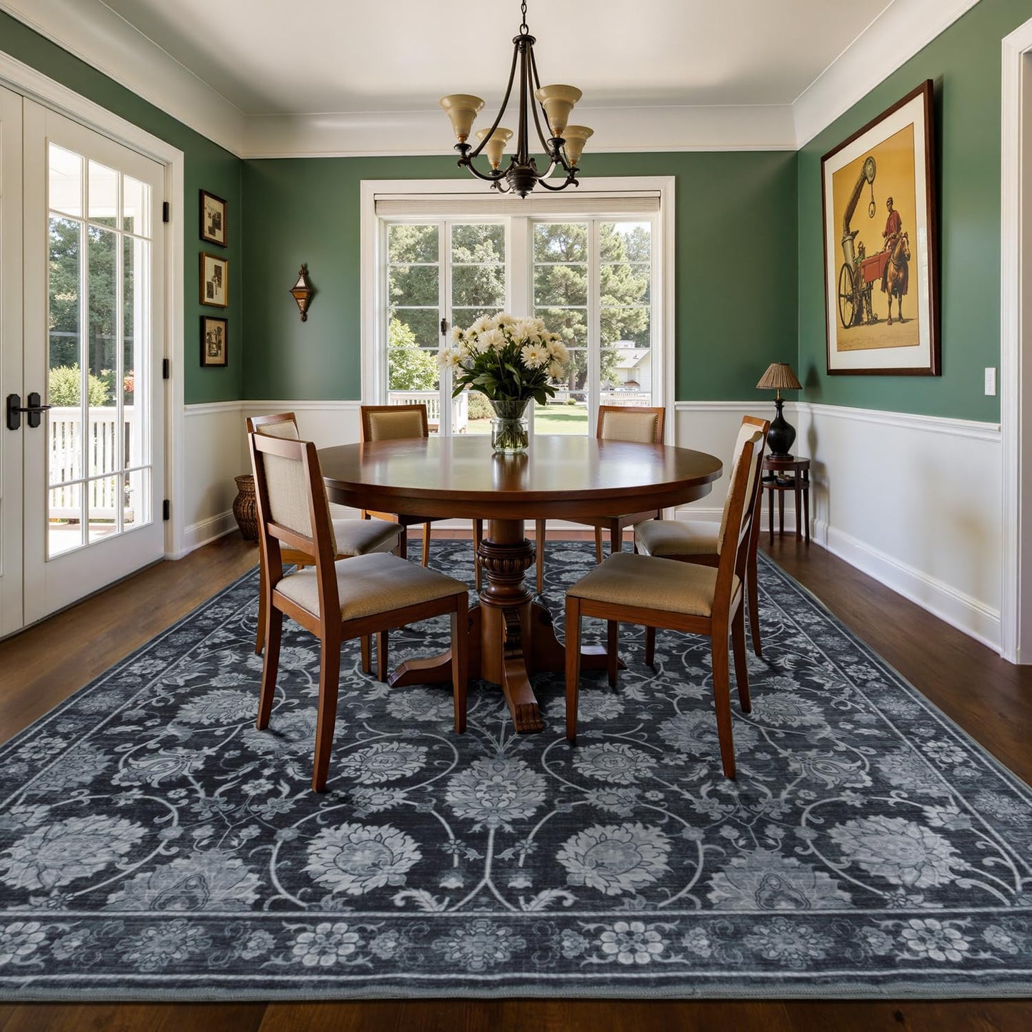 Black 9x12 Area Rug for Living Room, Washable Large Rugs, Vintage Floral Soft Carpet, Non Slip & Low Pile, Wool Carpets for Indoor Bedroom Dining Home Playroom Office Under Table, Black