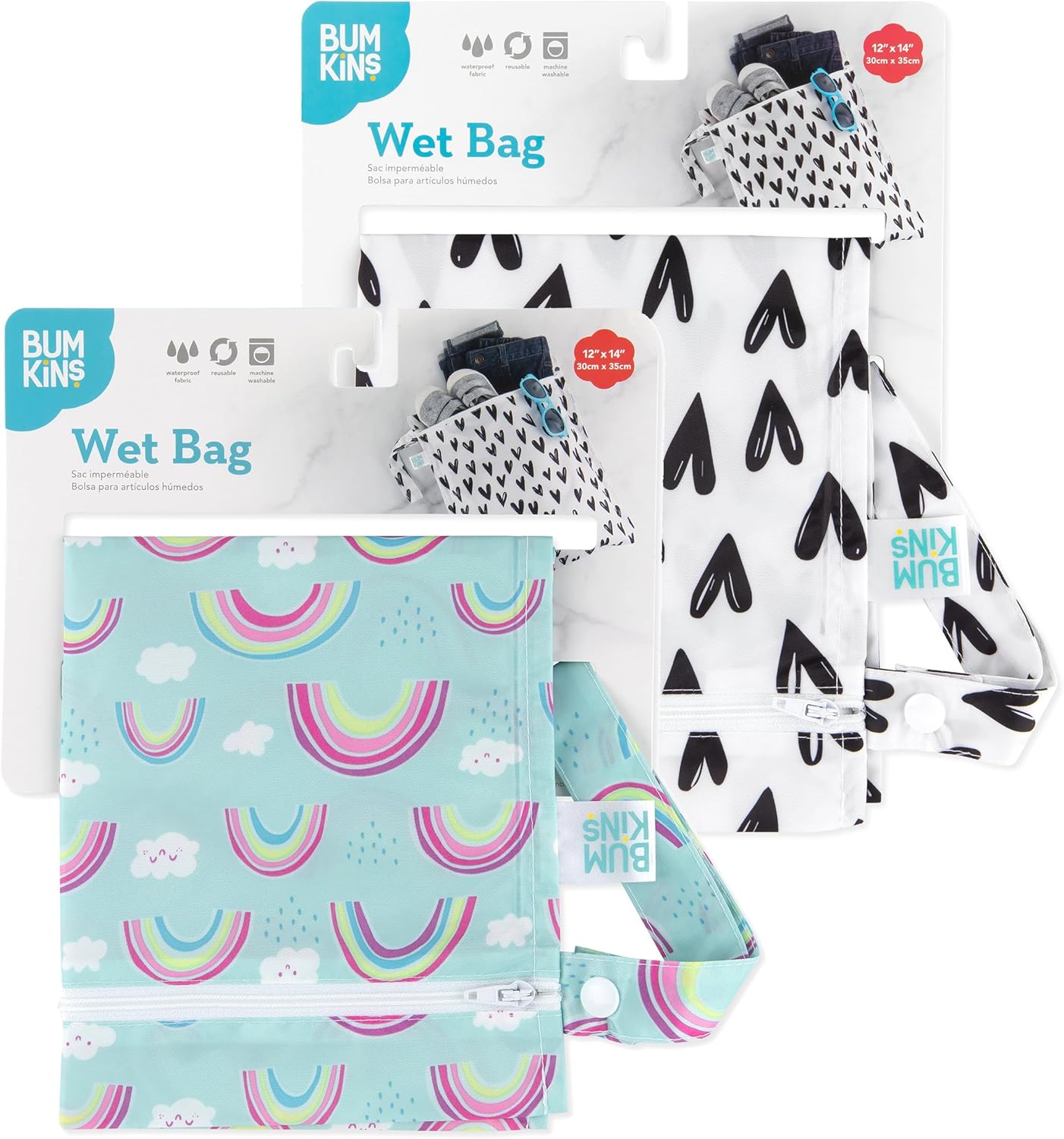 Bumkins - Waterproof Wet Bag - For Baby, Travel, Swim Suit, Cloth Diapers, Pump Parts, Pool, Gym, Toiletry, Strap to Stroller - Reusable & Easy to Clean - 2pk - Hearts & Rainbows