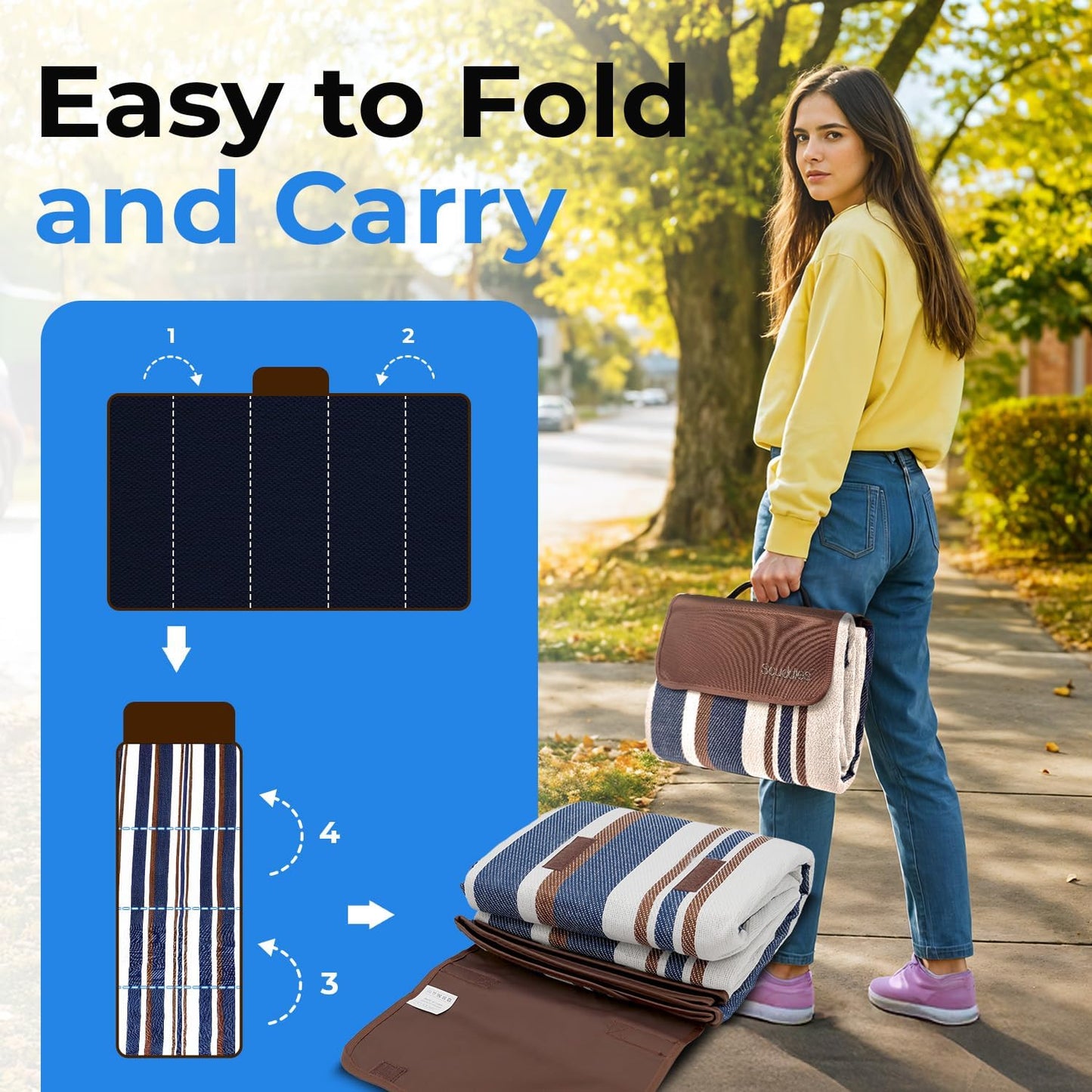 scuddles Extra Large Picnic & Outdoor Blanket Dual Layers for Outdoor Water-Resistant Handy Mat Tote Spring Summer Camping Blanket Great for The Beach