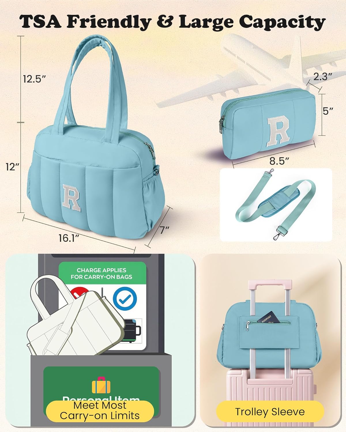 Duffle Bag, Weekender Bags for Girl,Monogrammed Gifts for Woman-Initial Overnight Bag with Wet Pocket,Lightweight Dance Bags Personalized Gymnastics bag with Makeup Pouch