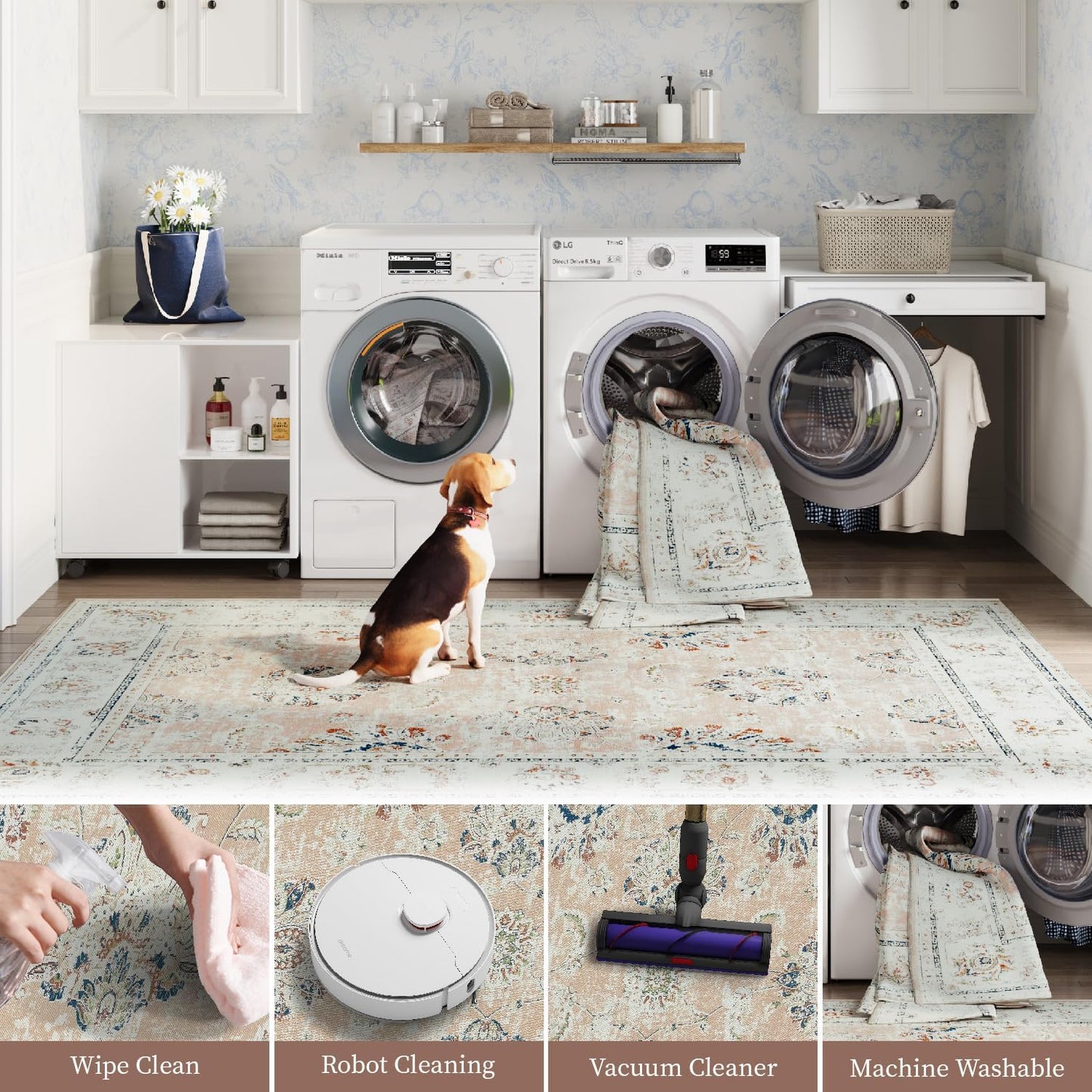 jinchan Washable Area Rug 4x6 Ultra-Thin Low Pile Non-Slip Stain Resistant Soft Faux Wool Spring Floral Rug Distressed Vintage Carpet for Bedroom,Living Room,Dining Room,Kitchen,Nursery(Pink, 4' x 6')